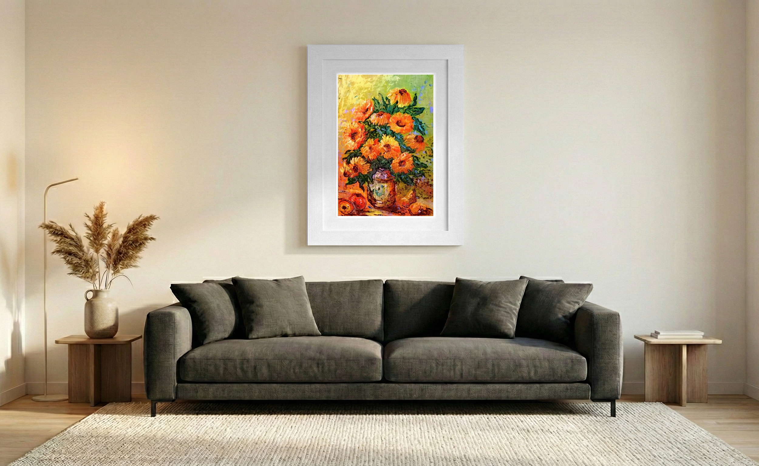 Golden Sunflowers in Glass Jar — art on the wall, room interior preview 1