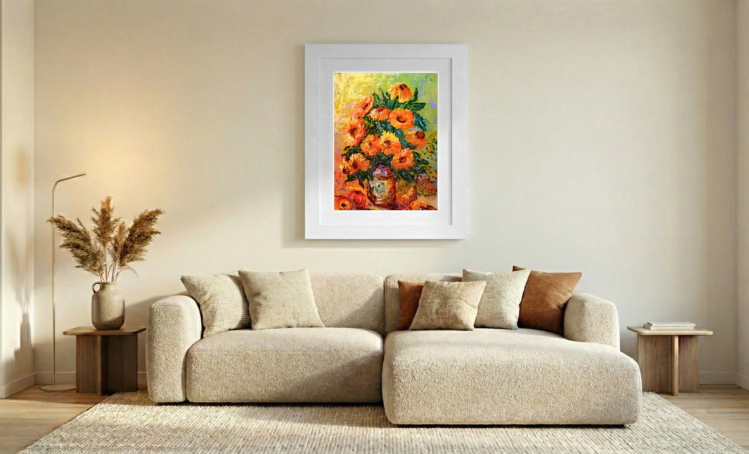 Golden Sunflowers in Glass Jar — art on the wall, room interior preview 2