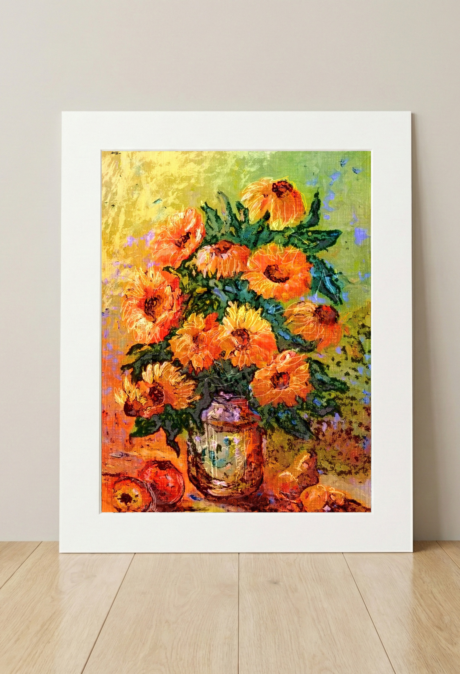 Golden Sunflowers in Glass Jar — art on the wall, room interior preview 3