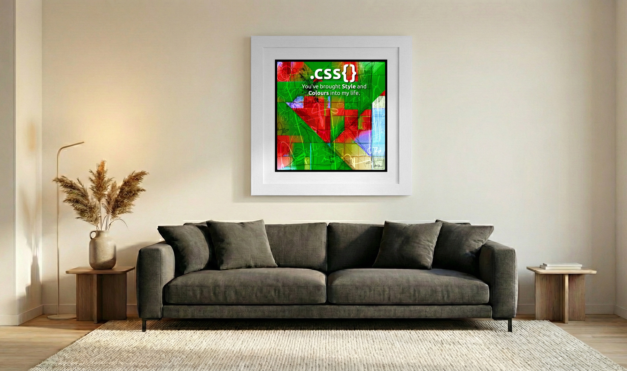 Green and Red Digital Grid Artwork — art on the wall, room interior preview 3
