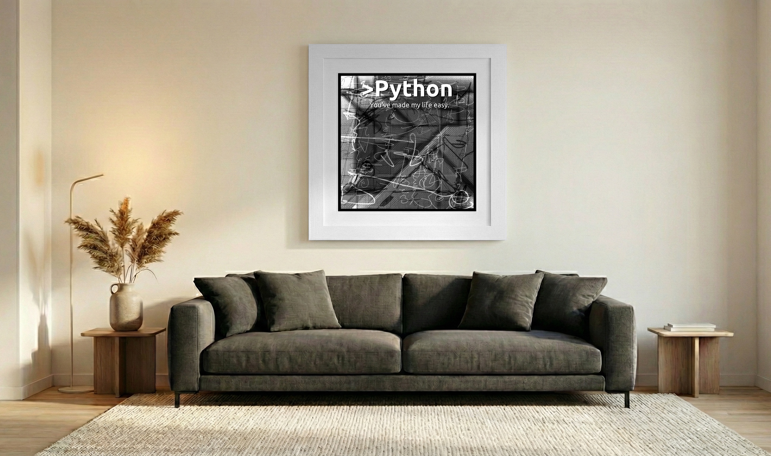 Dynamic Black and White Python Design — art on the wall, room interior preview 3