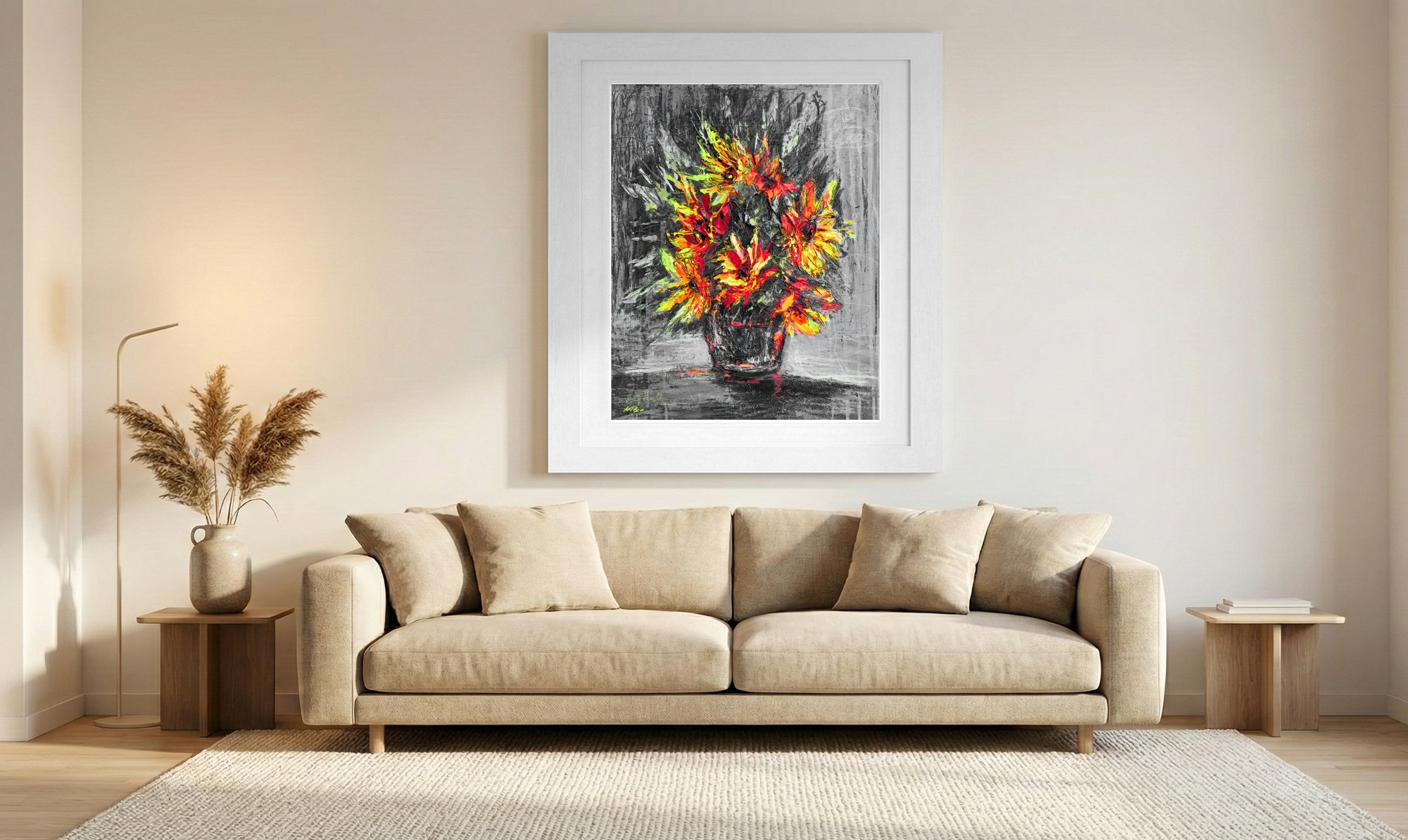 Warm Yellow and Red Sunflower Bouquet — art on the wall, room interior preview 1