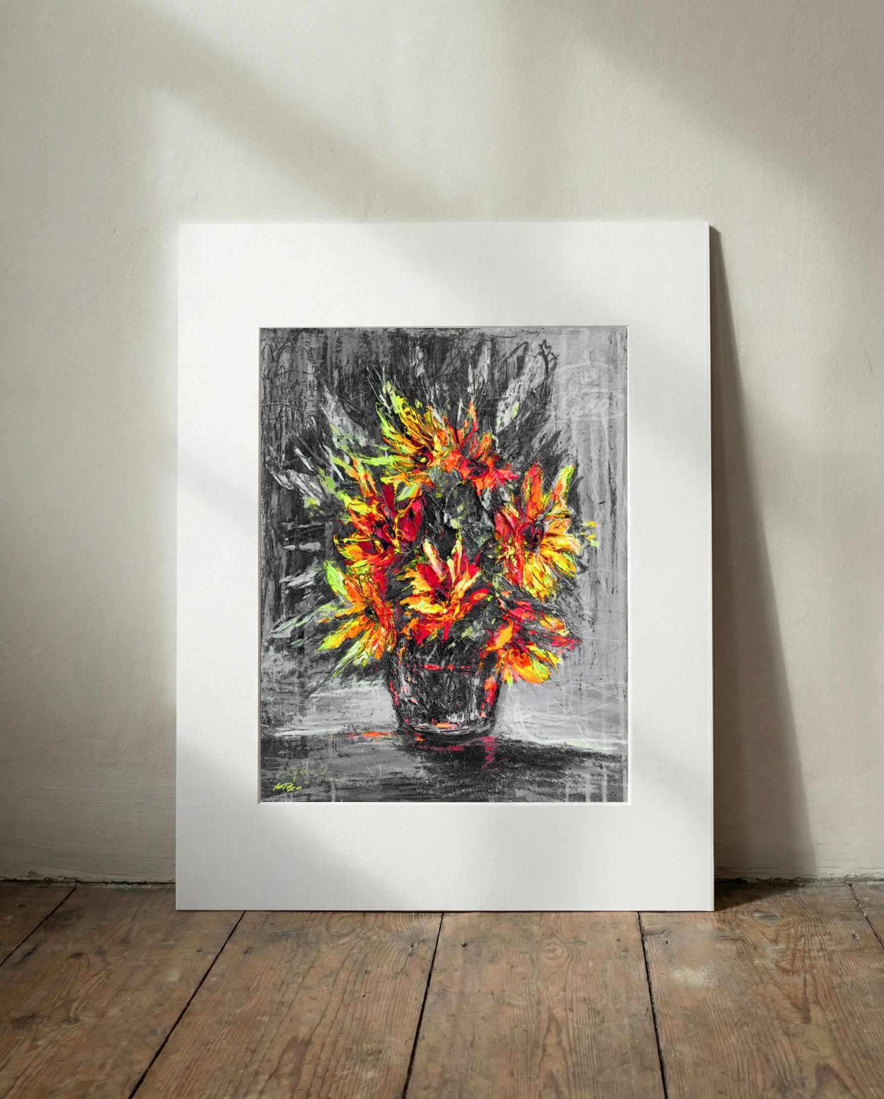 Warm Yellow and Red Sunflower Bouquet — art on the wall, room interior preview 3