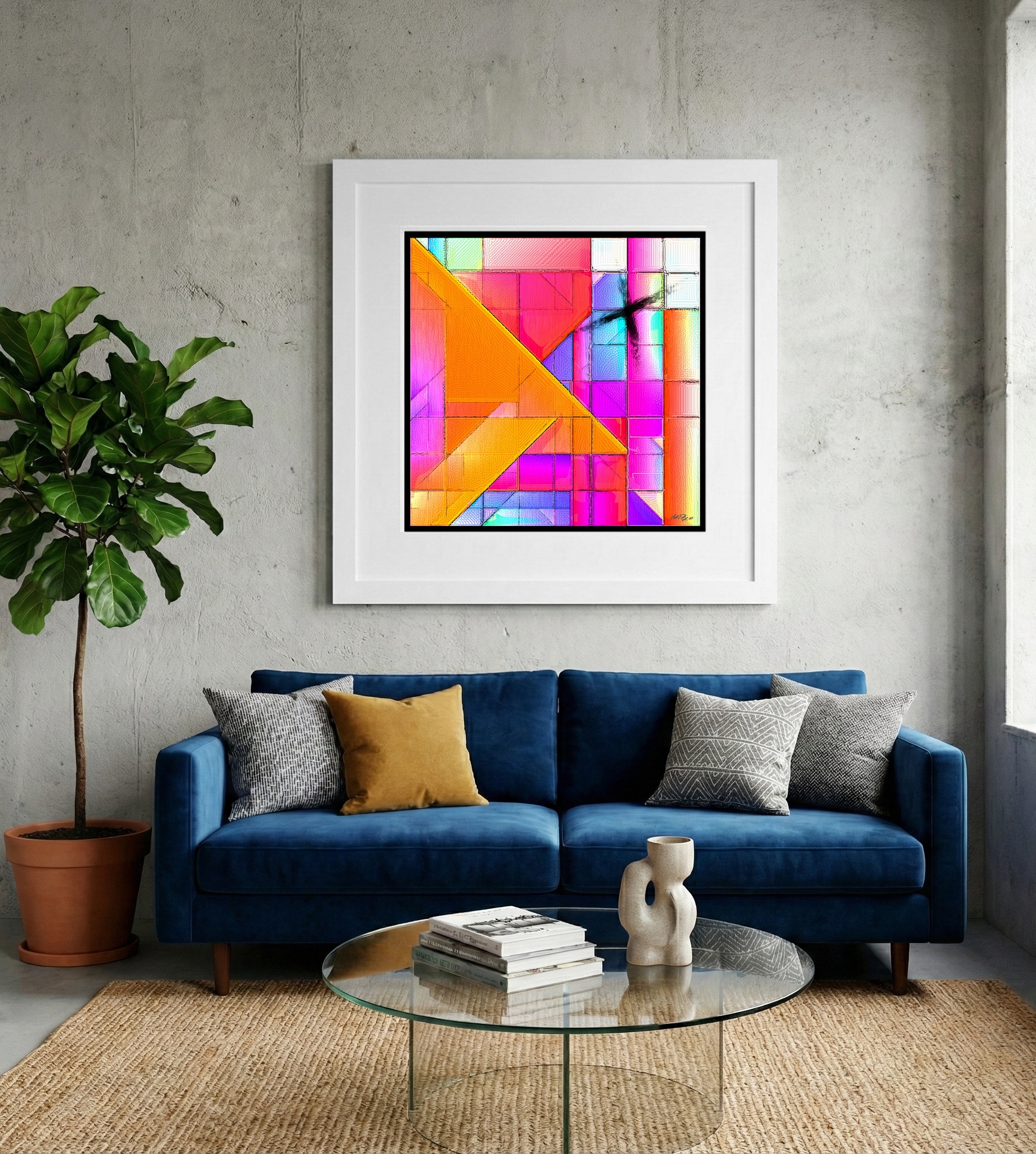 Electric Orange Geometric Digital Art — art on the wall, room interior preview 2