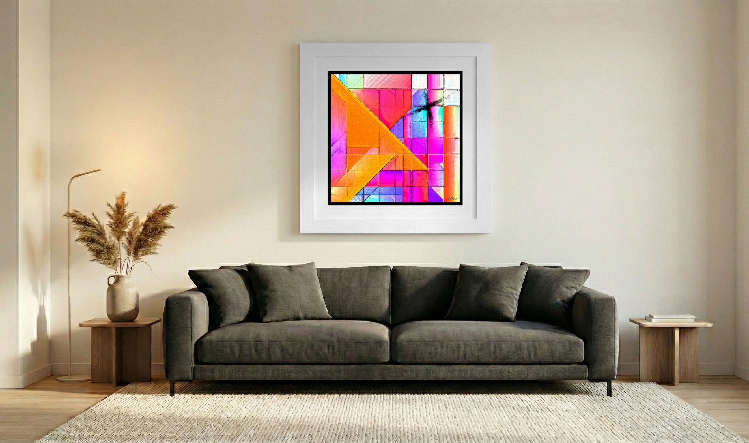 Electric Orange Geometric Digital Art — art on the wall, room interior preview 3
