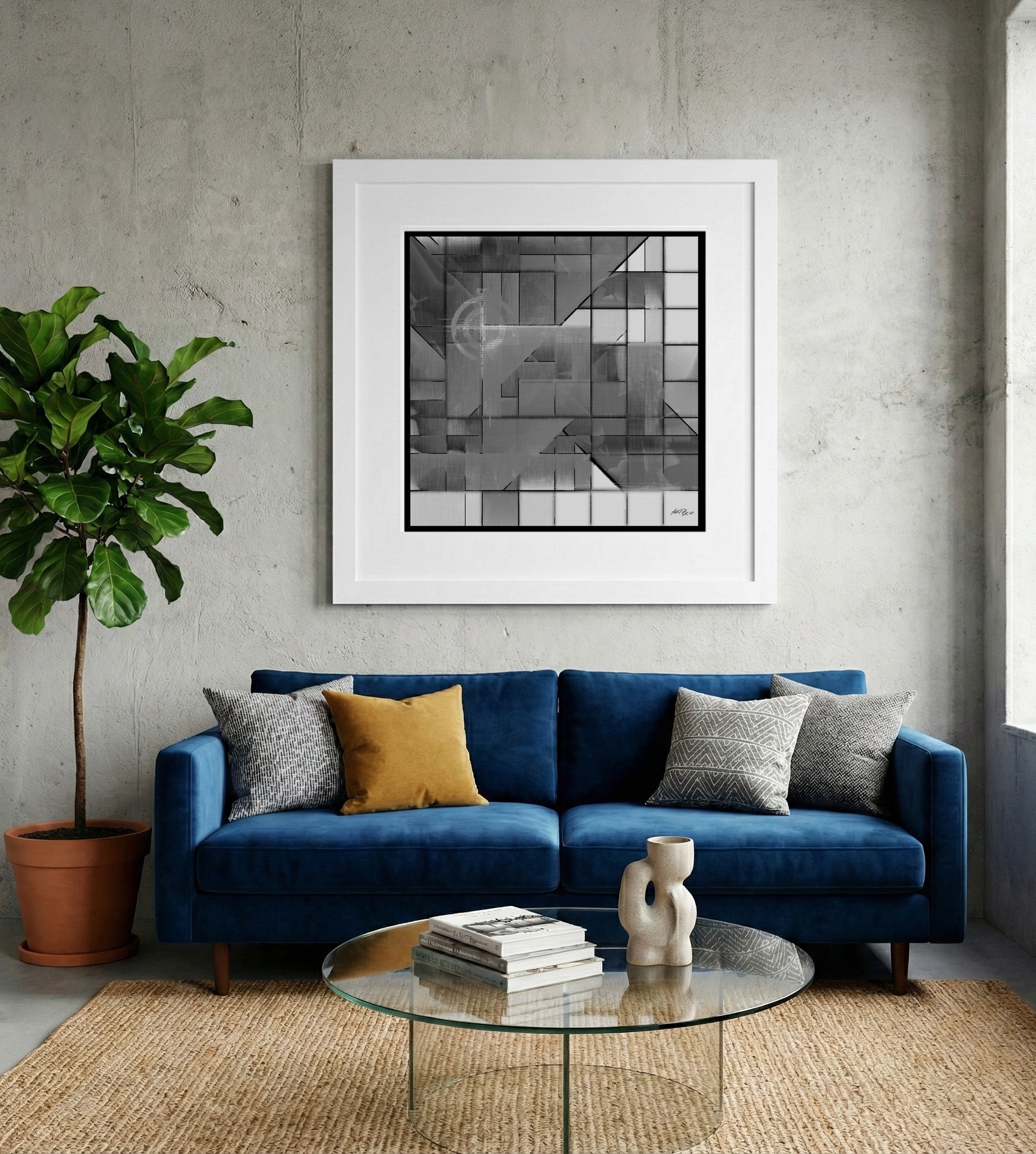 Monochrome Grid Digital Artwork — art on the wall, room interior preview 2