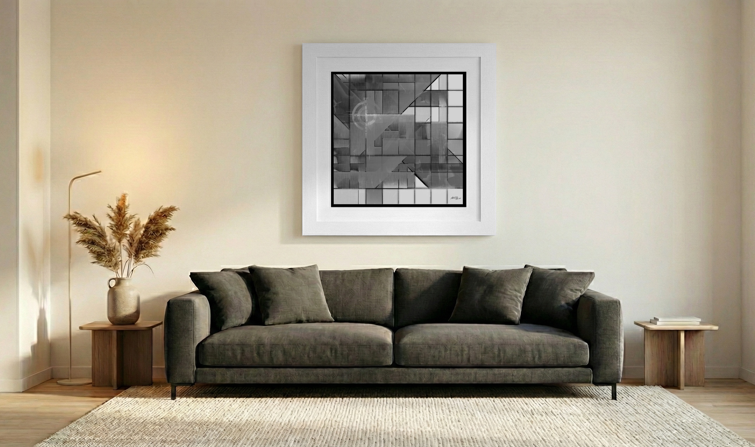 Monochrome Grid Digital Artwork — art on the wall, room interior preview 3
