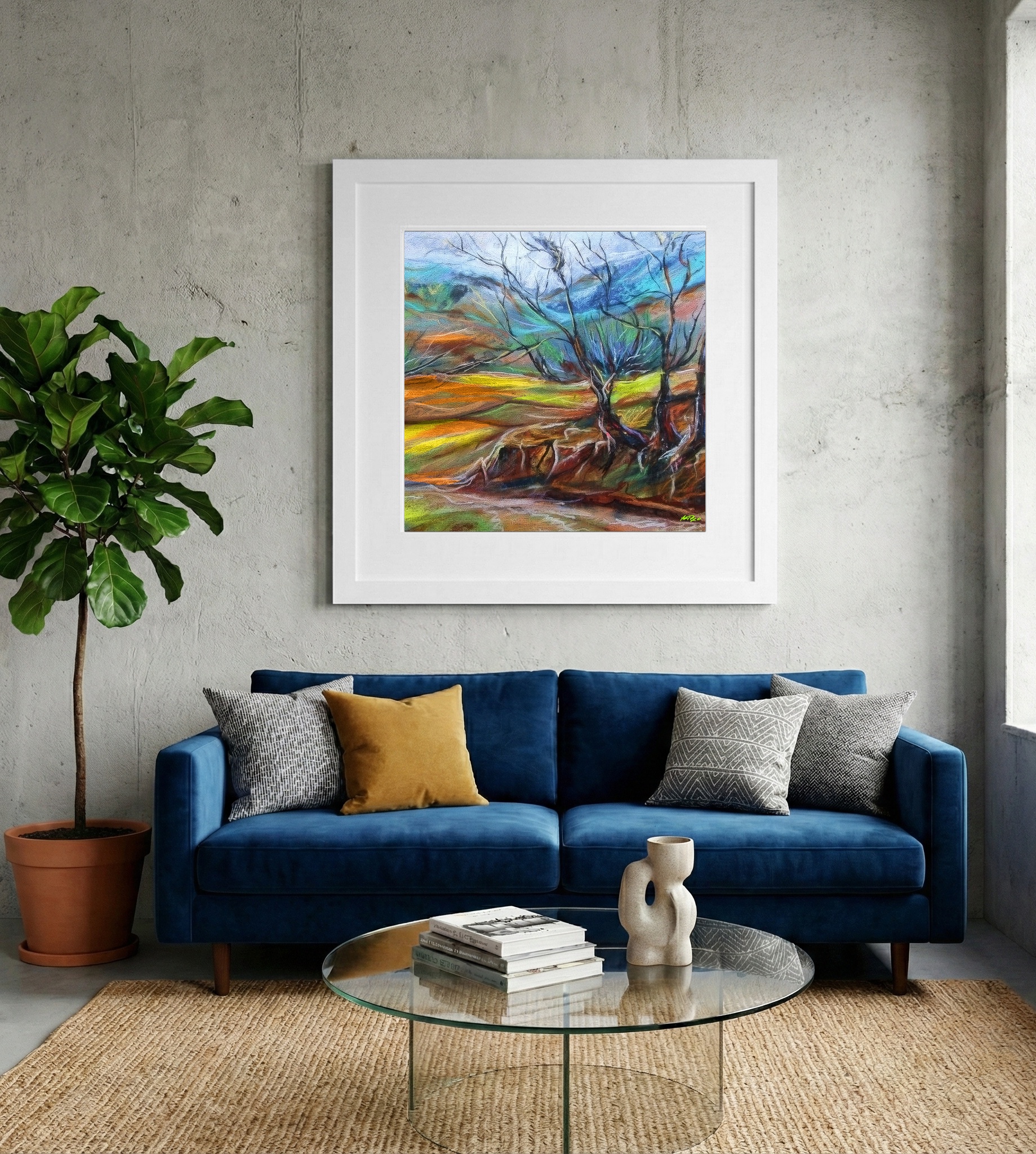 Orange and Green Expansive Landscape — art on the wall, room interior preview 2