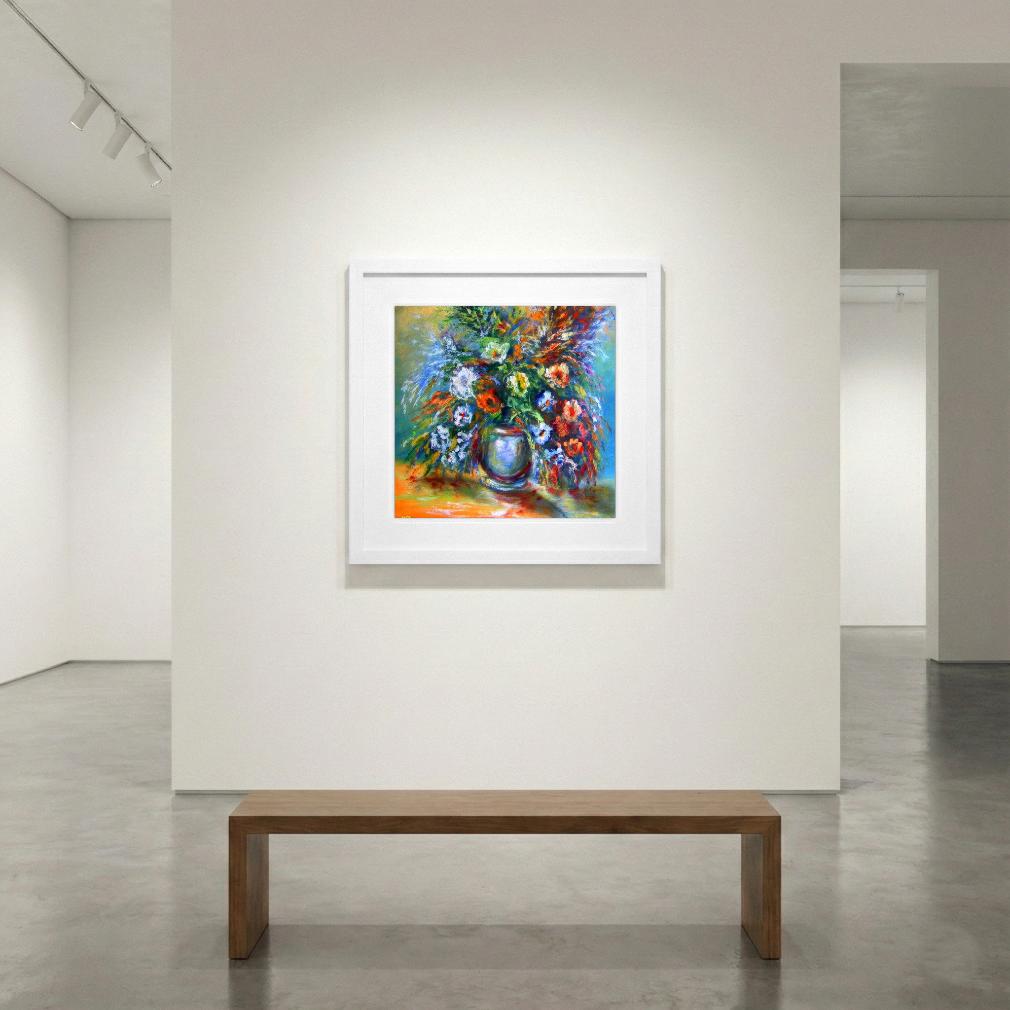 Fiery Red and Soft Blue Floral Bouquet — art on the wall, room interior preview 1