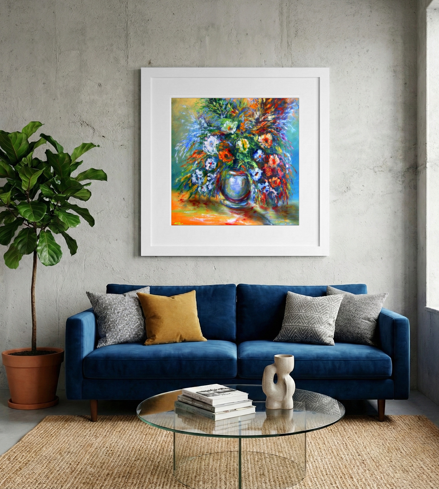 Fiery Red and Soft Blue Floral Bouquet — art on the wall, room interior preview 2