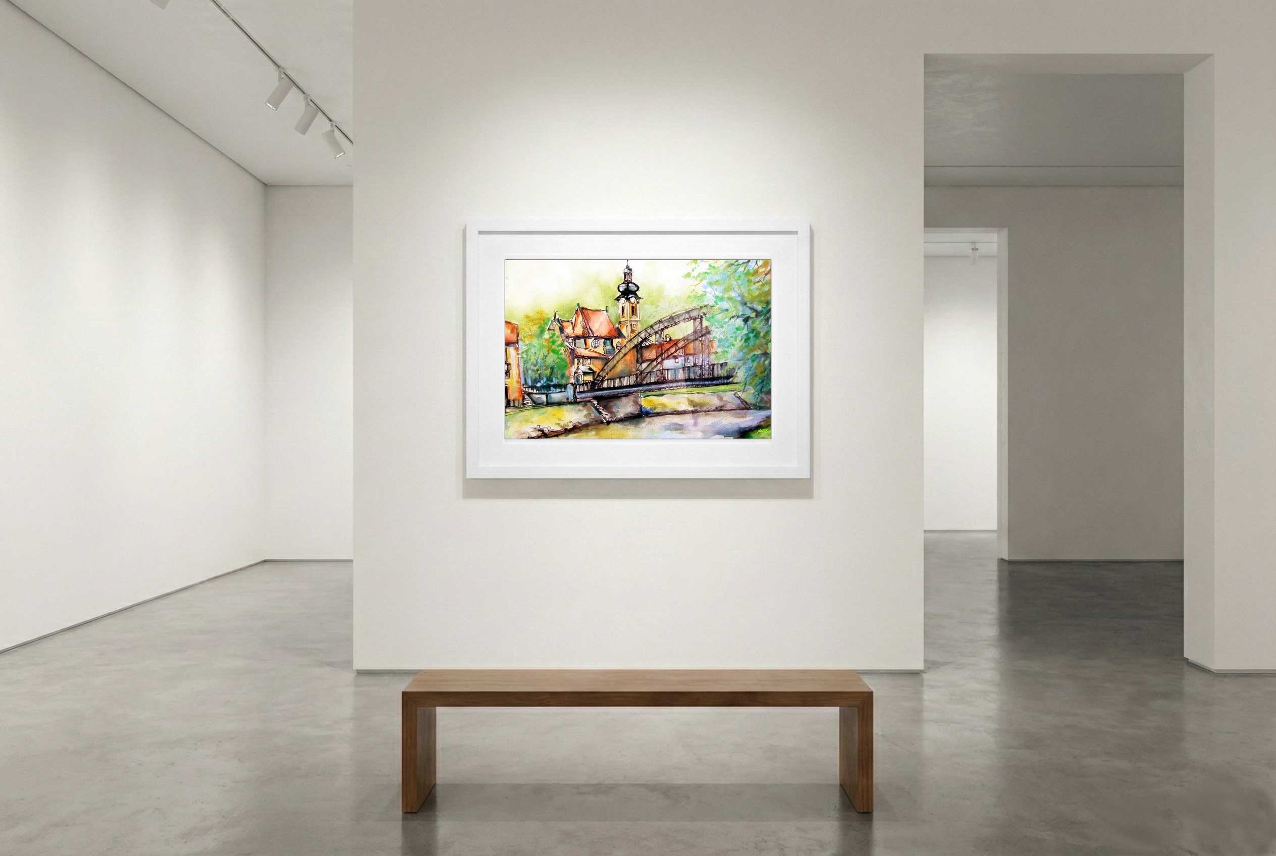 Serene Ochre and Green Church Scene — art on the wall, room interior preview 1