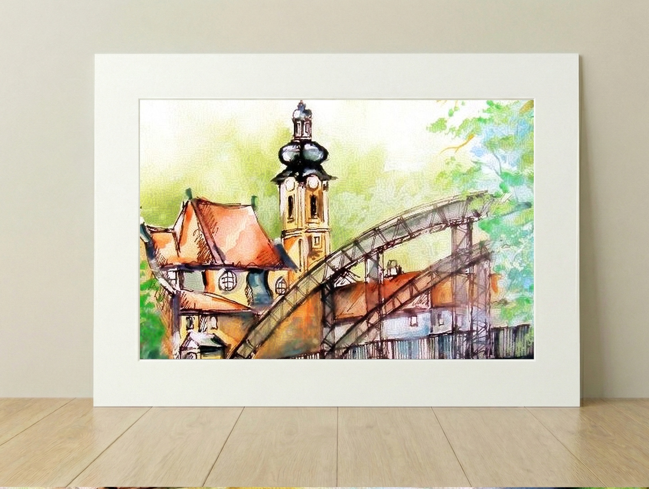 Serene Ochre and Green Church Scene — art on the wall, room interior preview 2