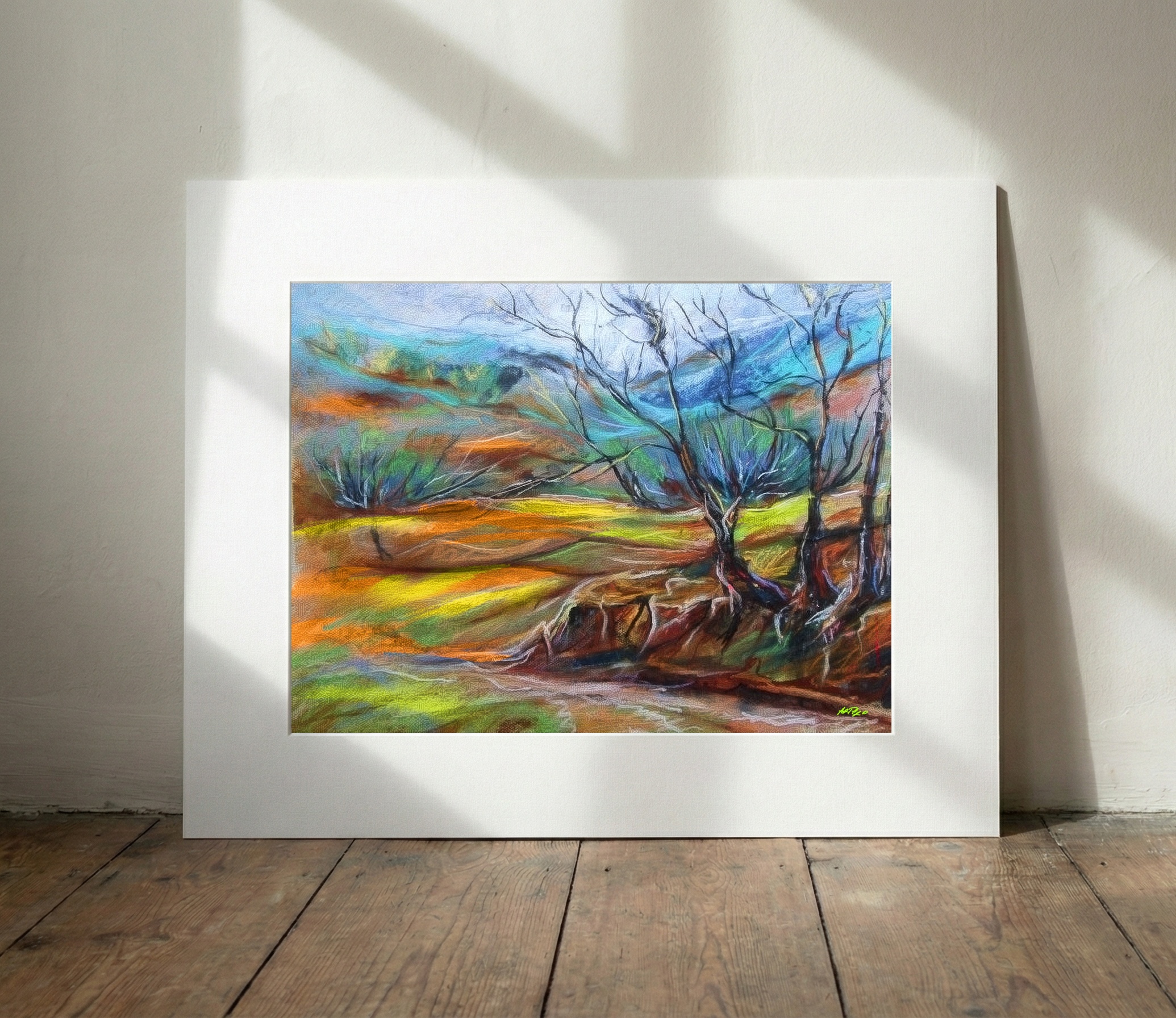 Soft Pastel Landscape in Rich Ochre — art on the wall, room interior preview 3