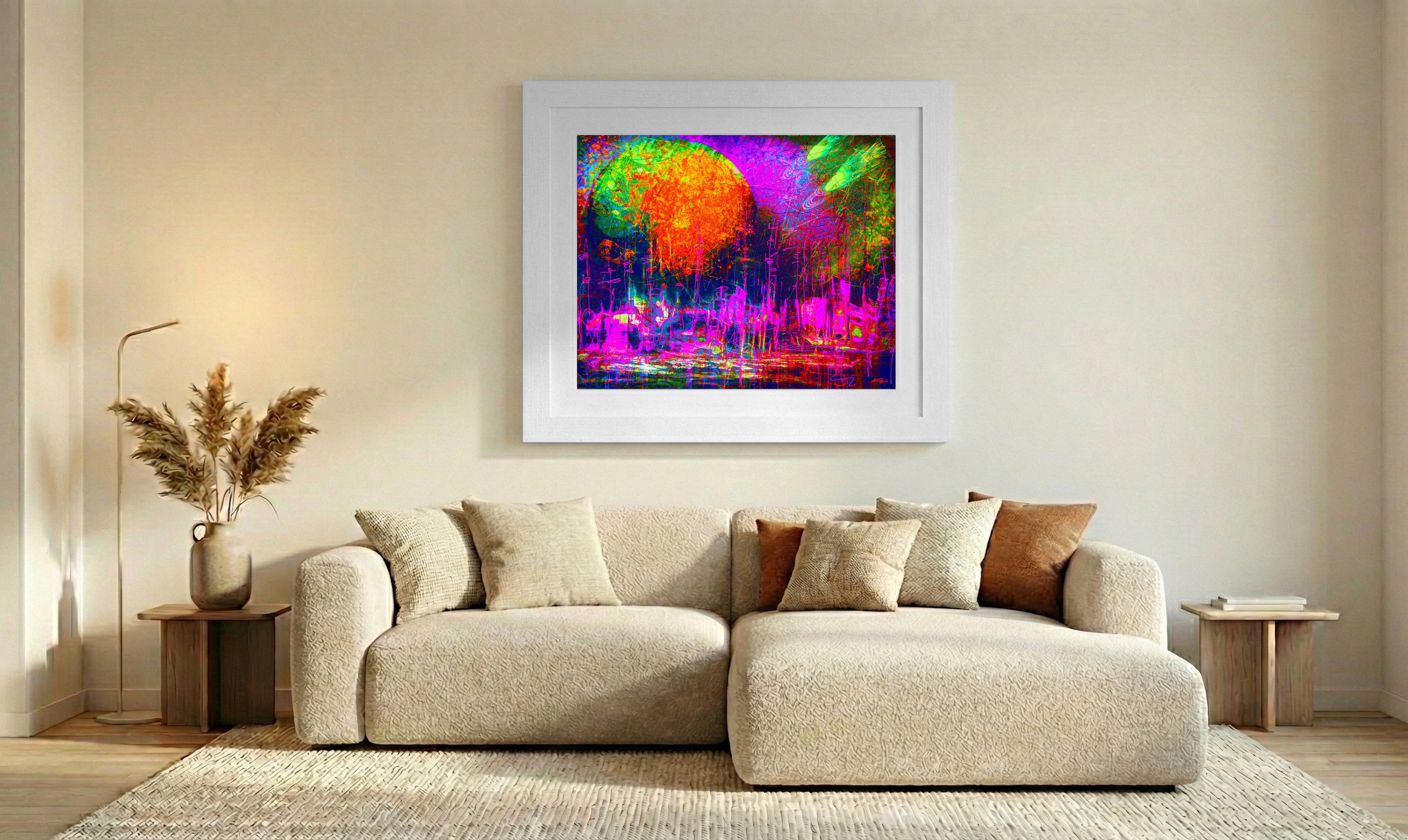 Fuchsia and Electric Orange Alien Landscape — art on the wall, room interior preview 2