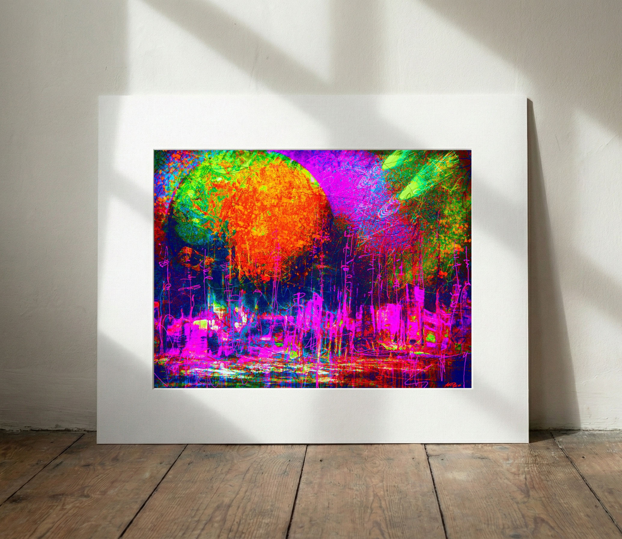 Fuchsia and Electric Orange Alien Landscape — art on the wall, room interior preview 3