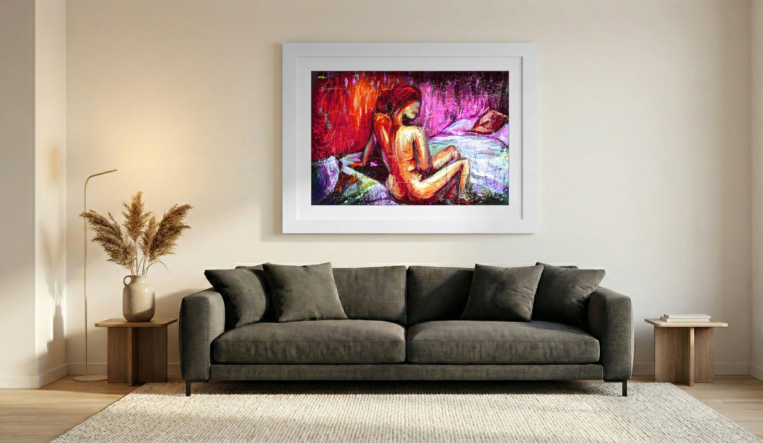 Crimson and Lavender Contemplative Portrait — art on the wall, room interior preview 1