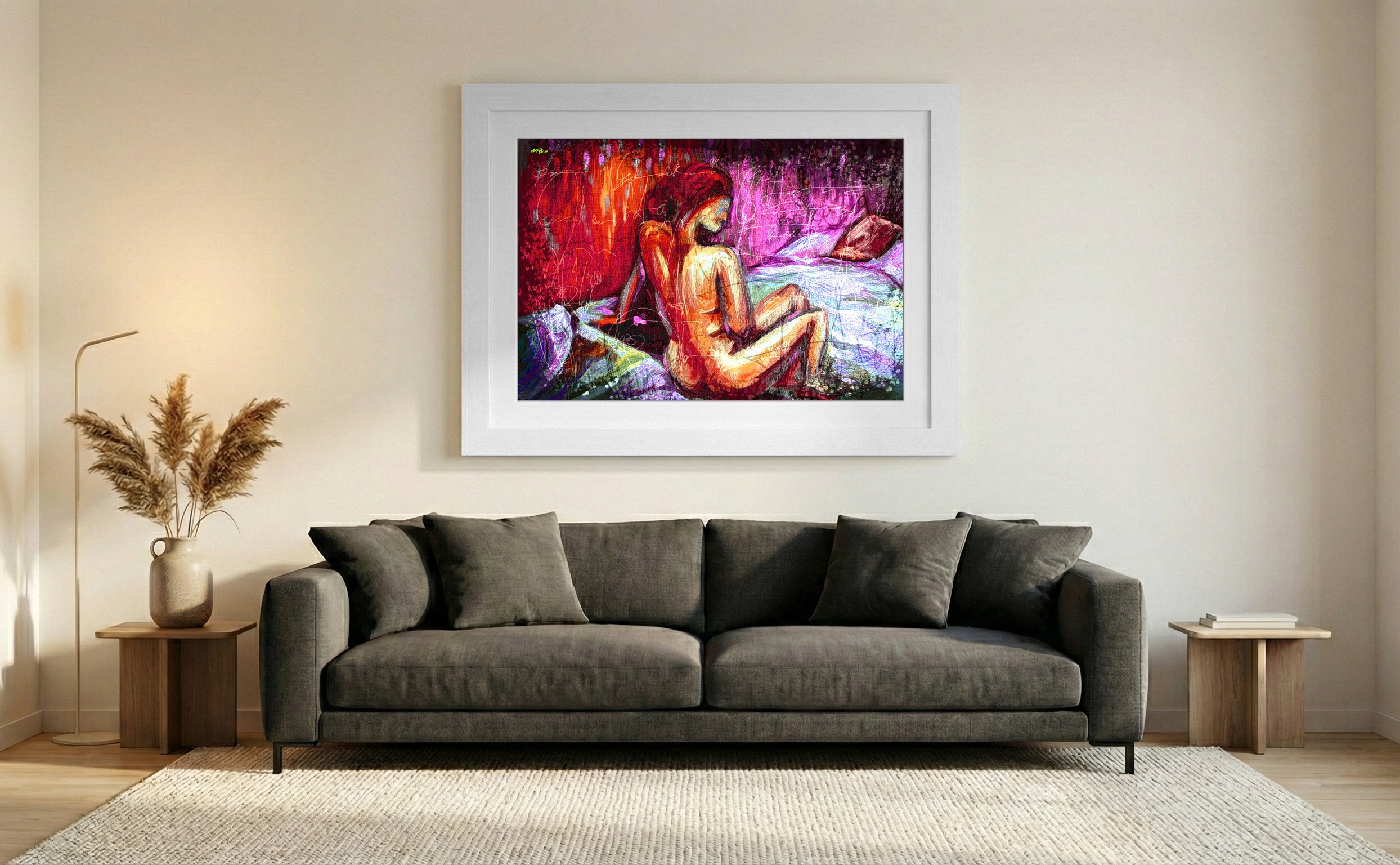 Crimson and Lavender Contemplative Portrait — art on the wall, room interior preview 2