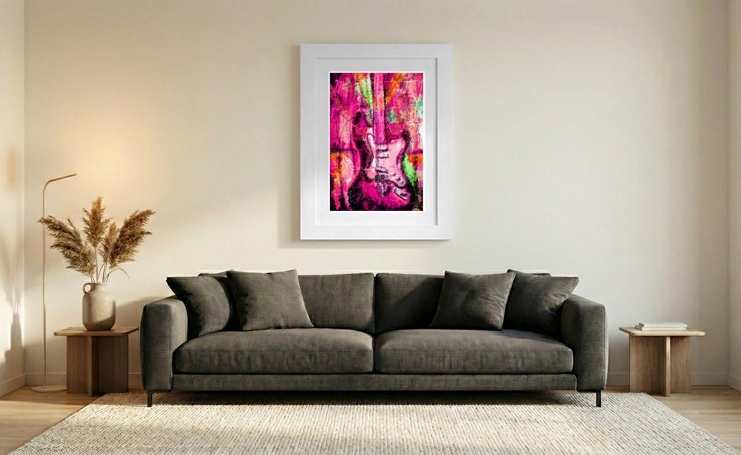 Electric Orange Guitar Digital Artwork — art on the wall, room interior preview 2