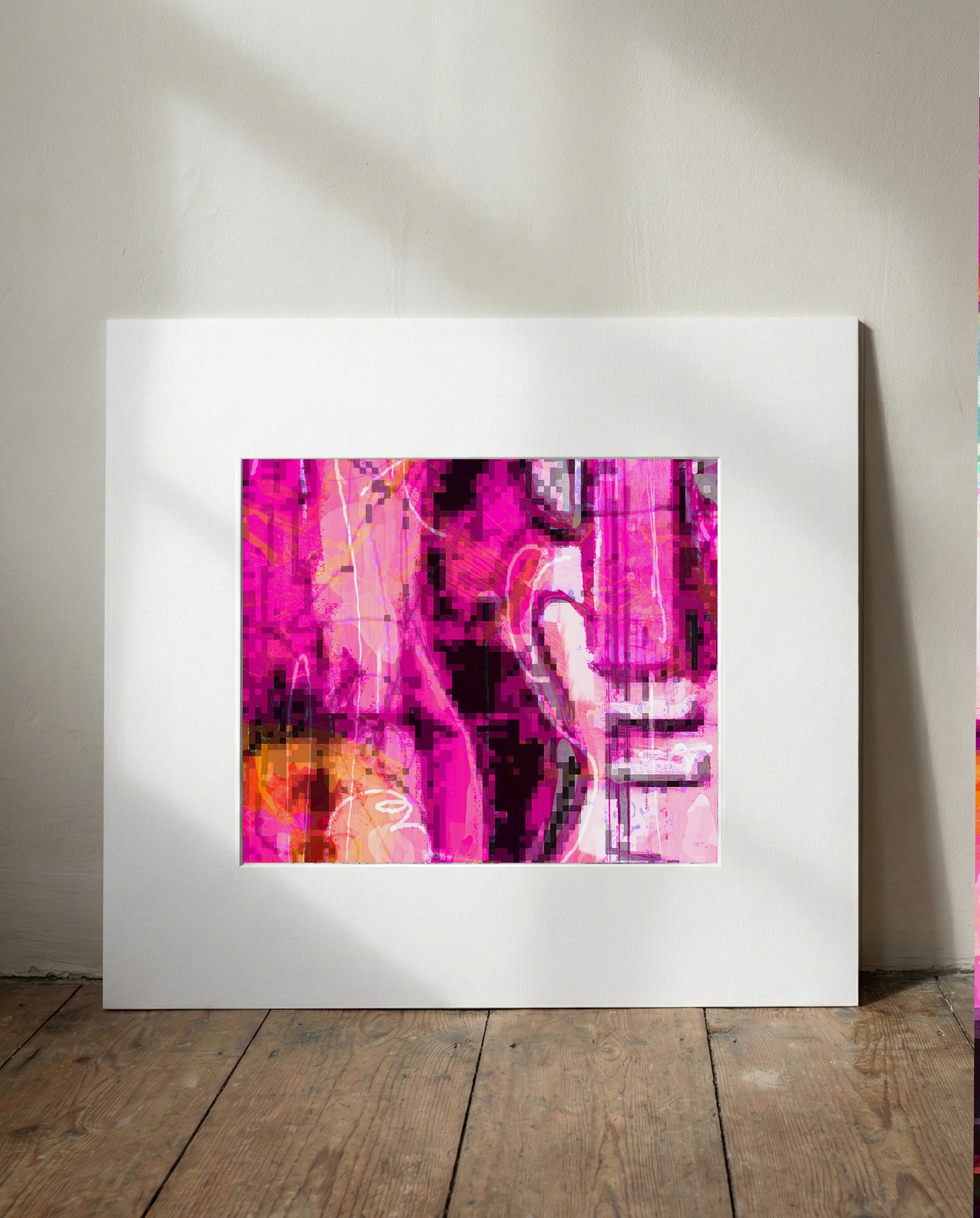 Pixelated Pink Guitar Art Print — art on the wall, room interior preview 1