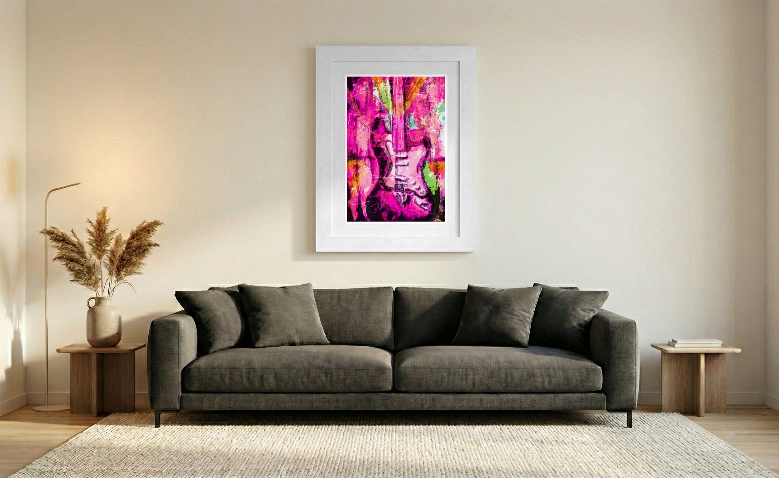 Pixelated Pink Guitar Art Print — art on the wall, room interior preview 2