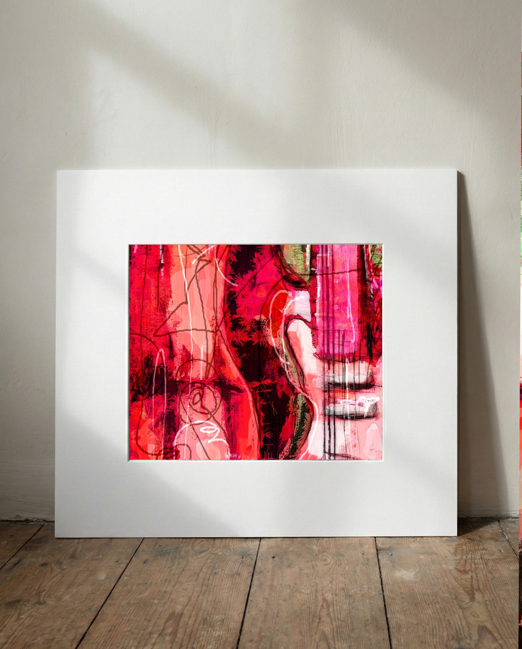 Electric Pink and Crimson Guitar Artwork — art on the wall, room interior preview 1