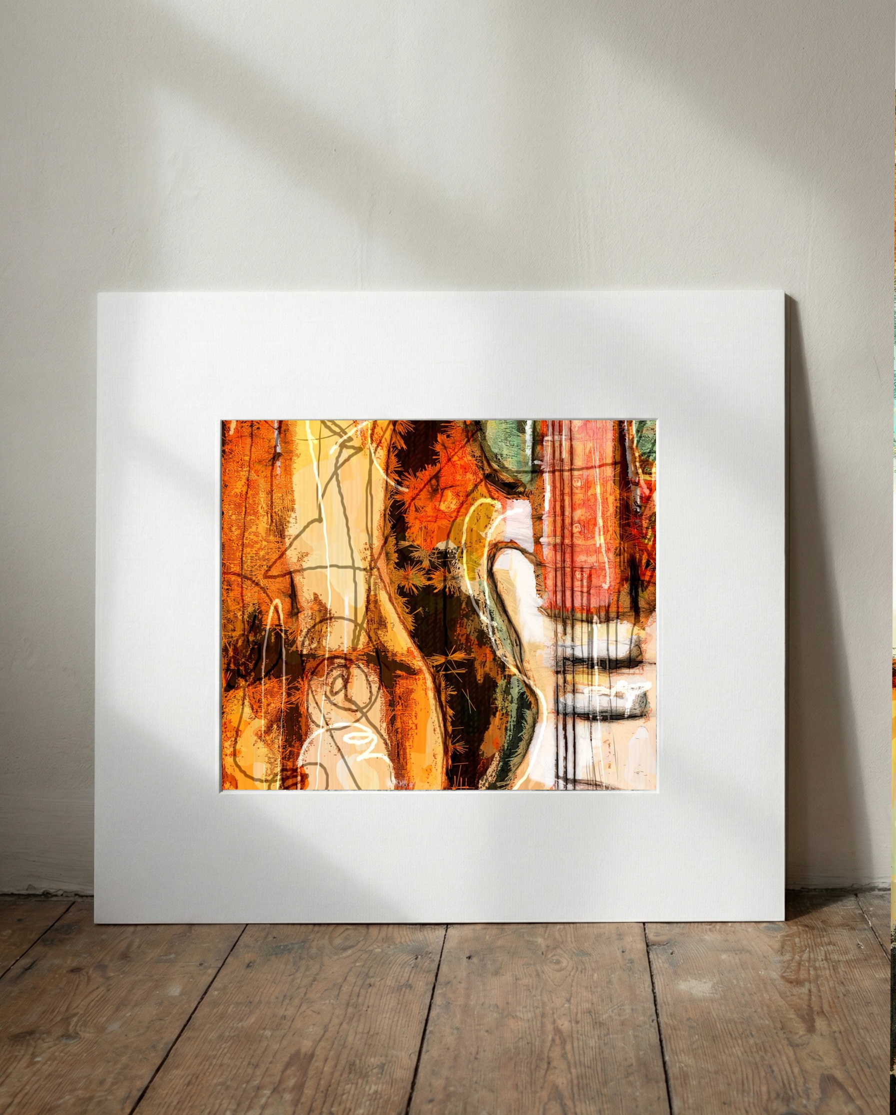 Dynamic Guitar Art in Orange and Blue — art on the wall, room interior preview 1