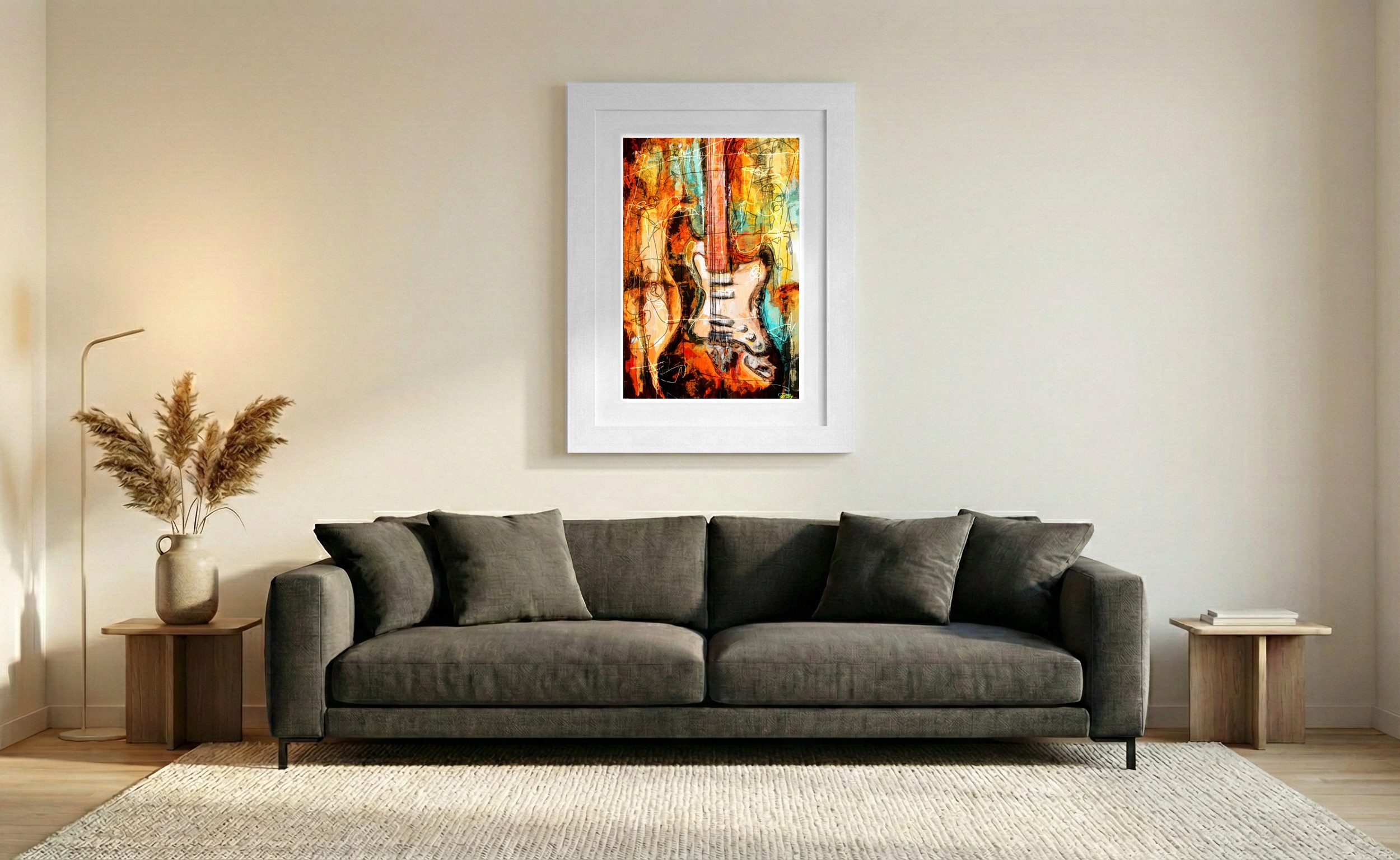 Dynamic Guitar Art in Orange and Blue — art on the wall, room interior preview 2