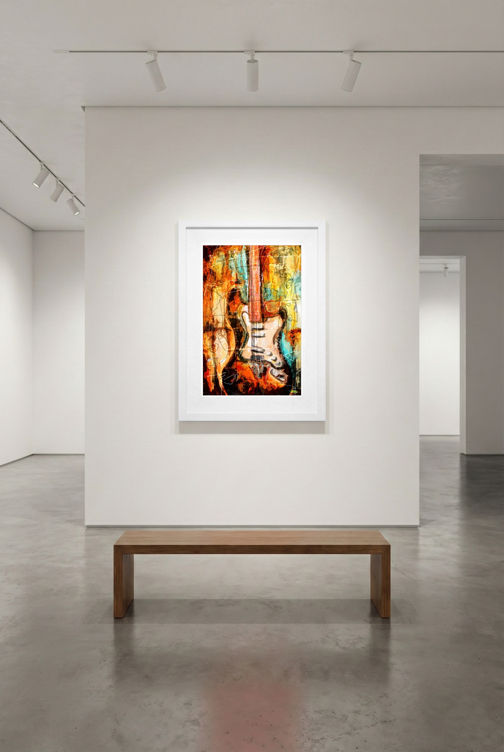 Dynamic Guitar Art in Orange and Blue — art on the wall, room interior preview 3