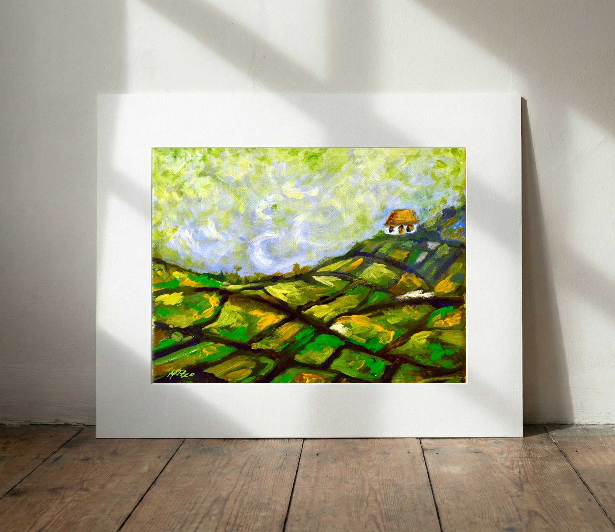 Olive Green Fields on Canvas — art on the wall, room interior preview 2