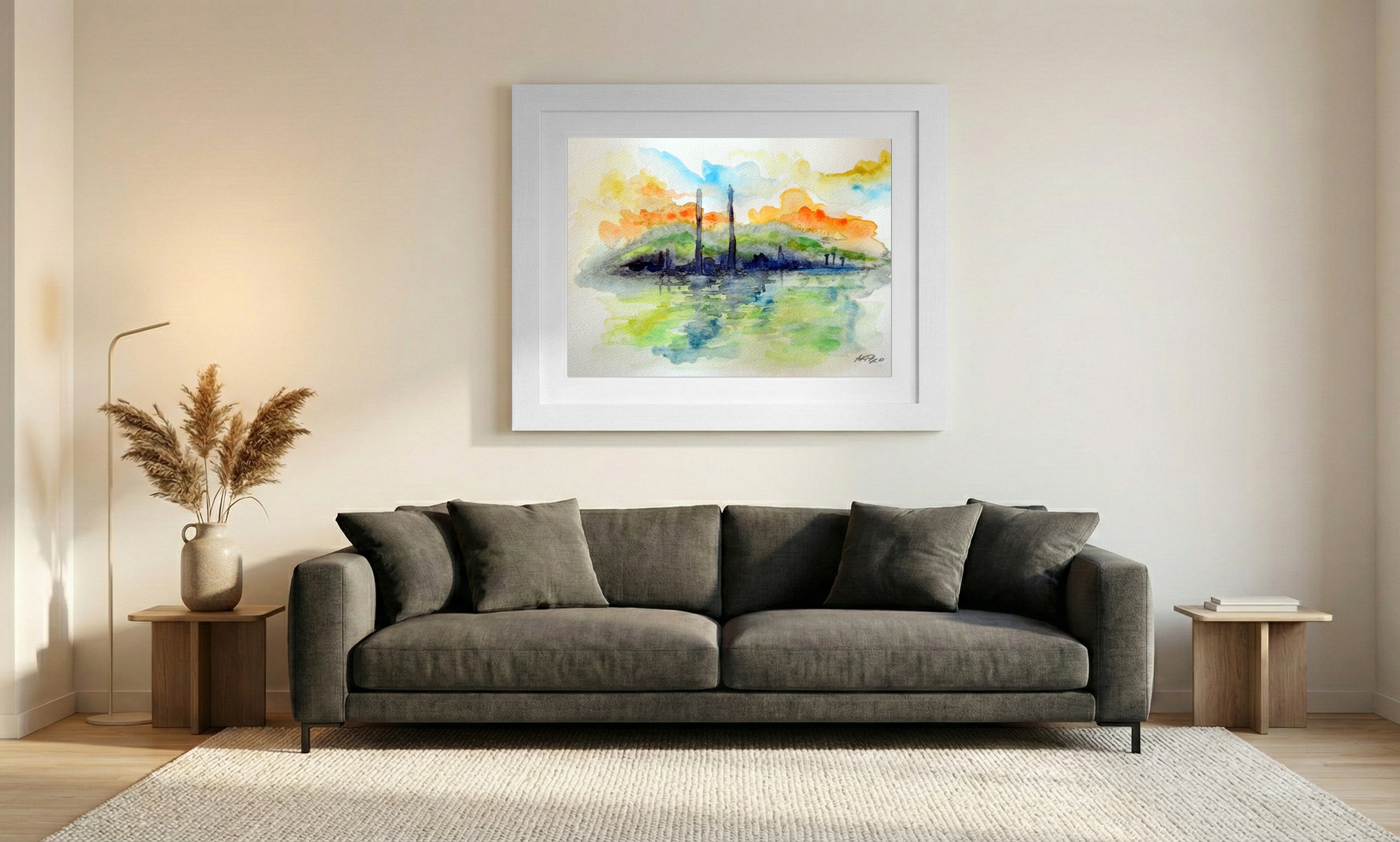 Turquoise Watercolor Reflection of Dublin Towers — art on the wall, room interior preview 1