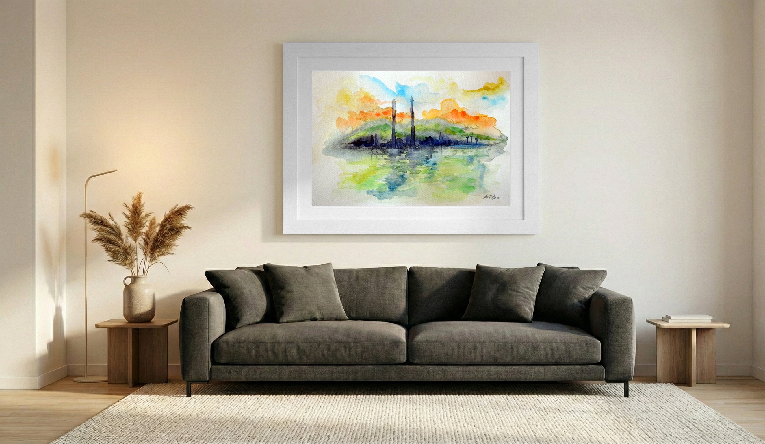 Turquoise Watercolor Reflection of Dublin Towers — art on the wall, room interior preview 2