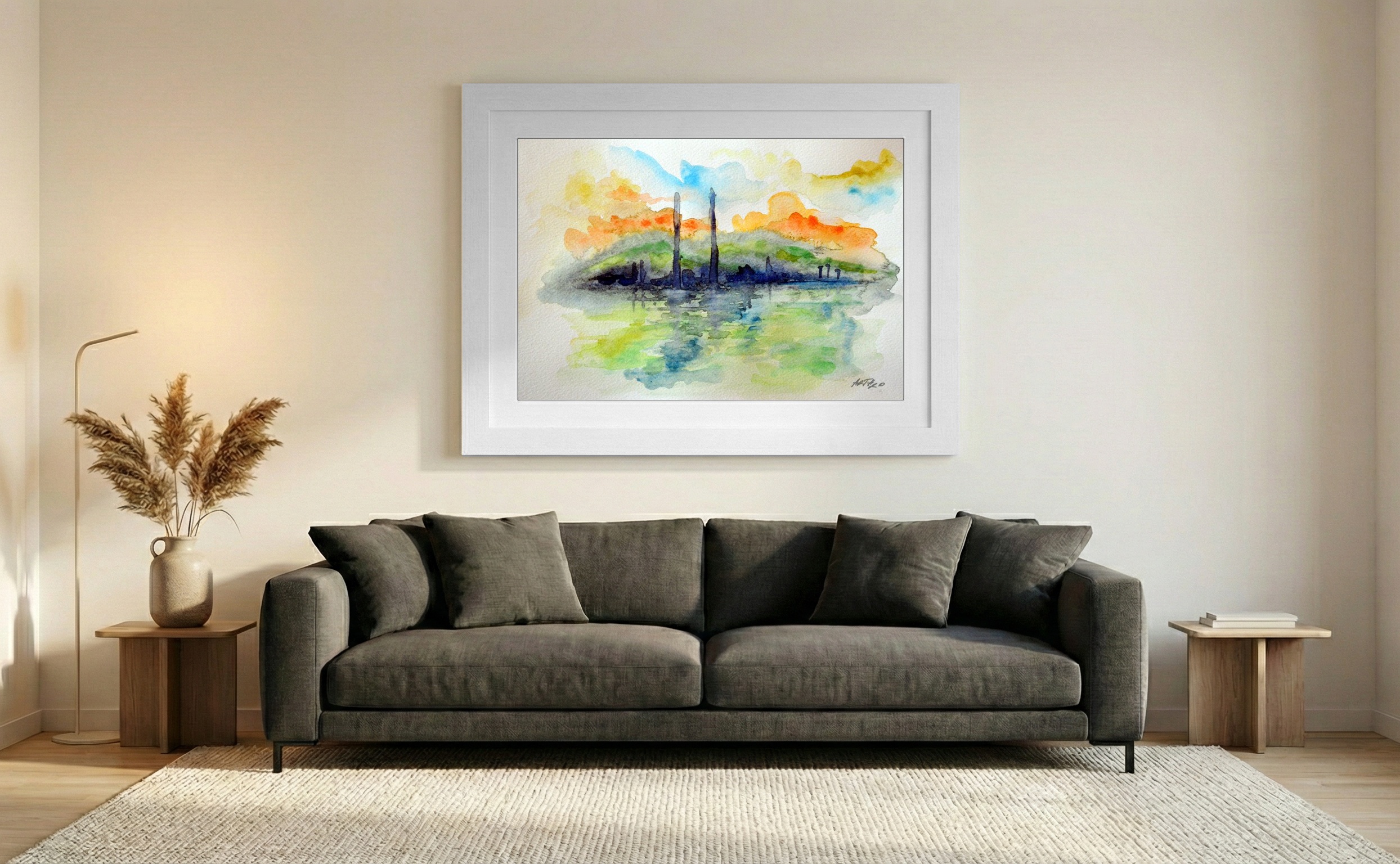 Turquoise Watercolor Reflection of Dublin Towers — art on the wall, room interior preview 3