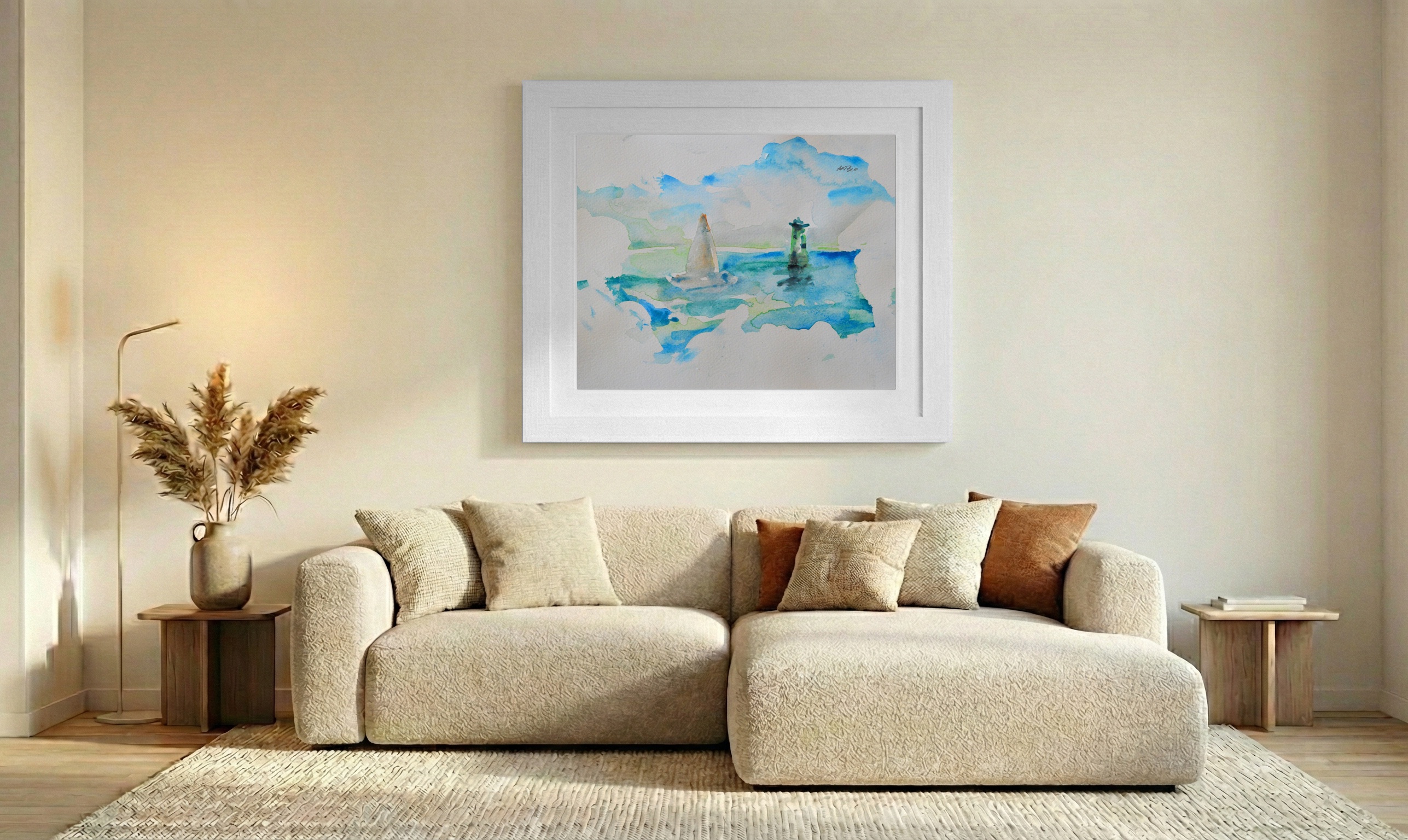 Tranquil Dublin Lighthouse Watercolor — art on the wall, room interior preview 2