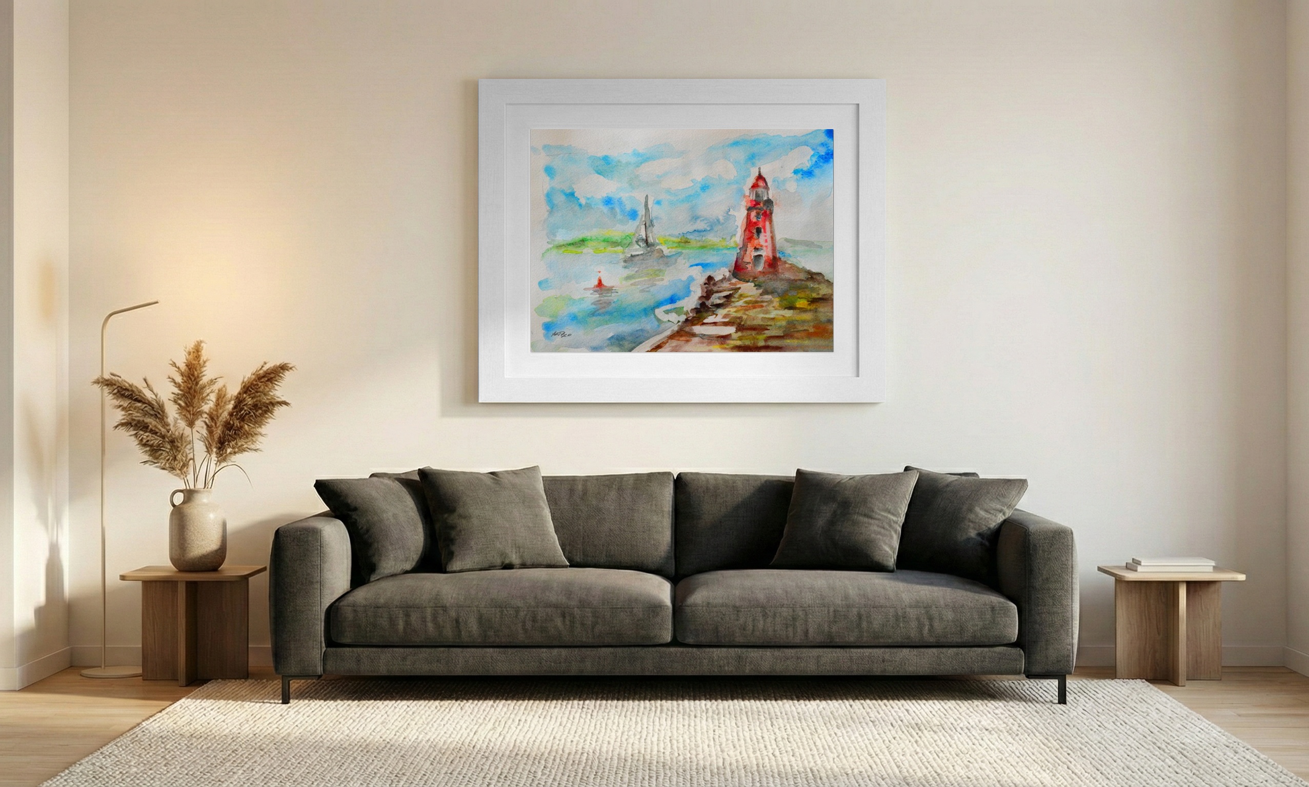 Red Lighthouse by the Sea in Watercolor — art on the wall, room interior preview 1