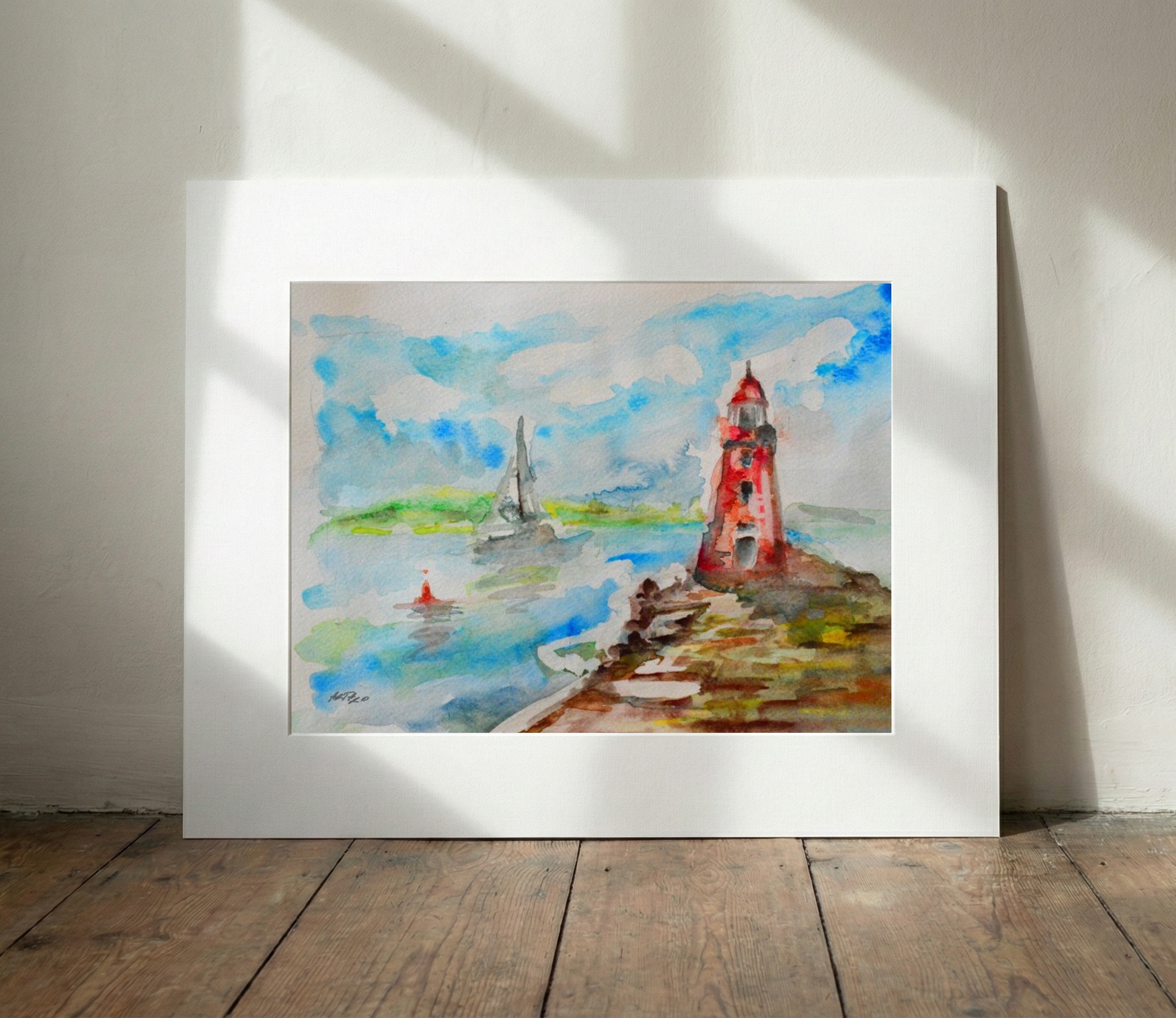 Red Lighthouse by the Sea in Watercolor — art on the wall, room interior preview 2