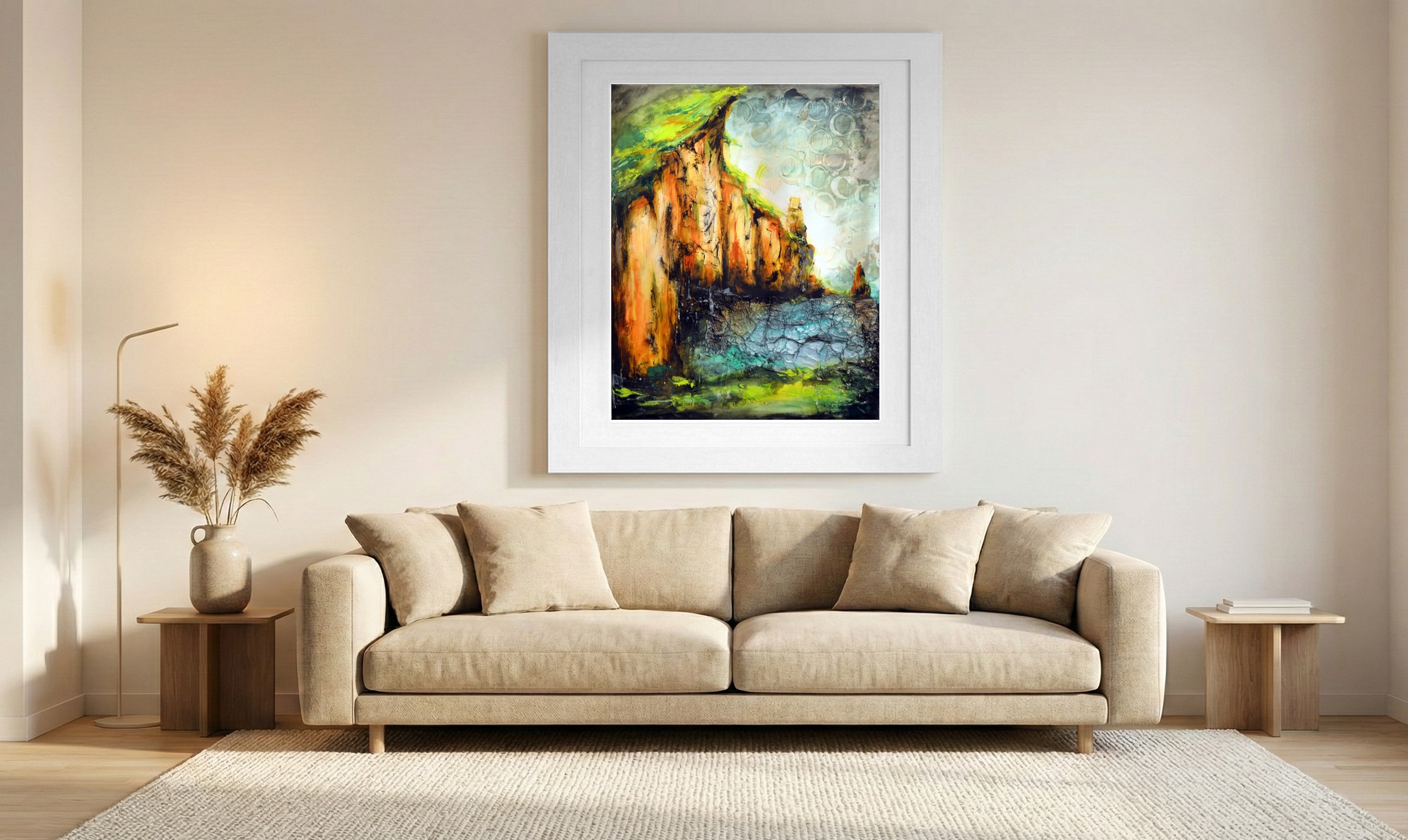 Crimson Cliffs Against a Textured Canvas — art on the wall, room interior preview 1