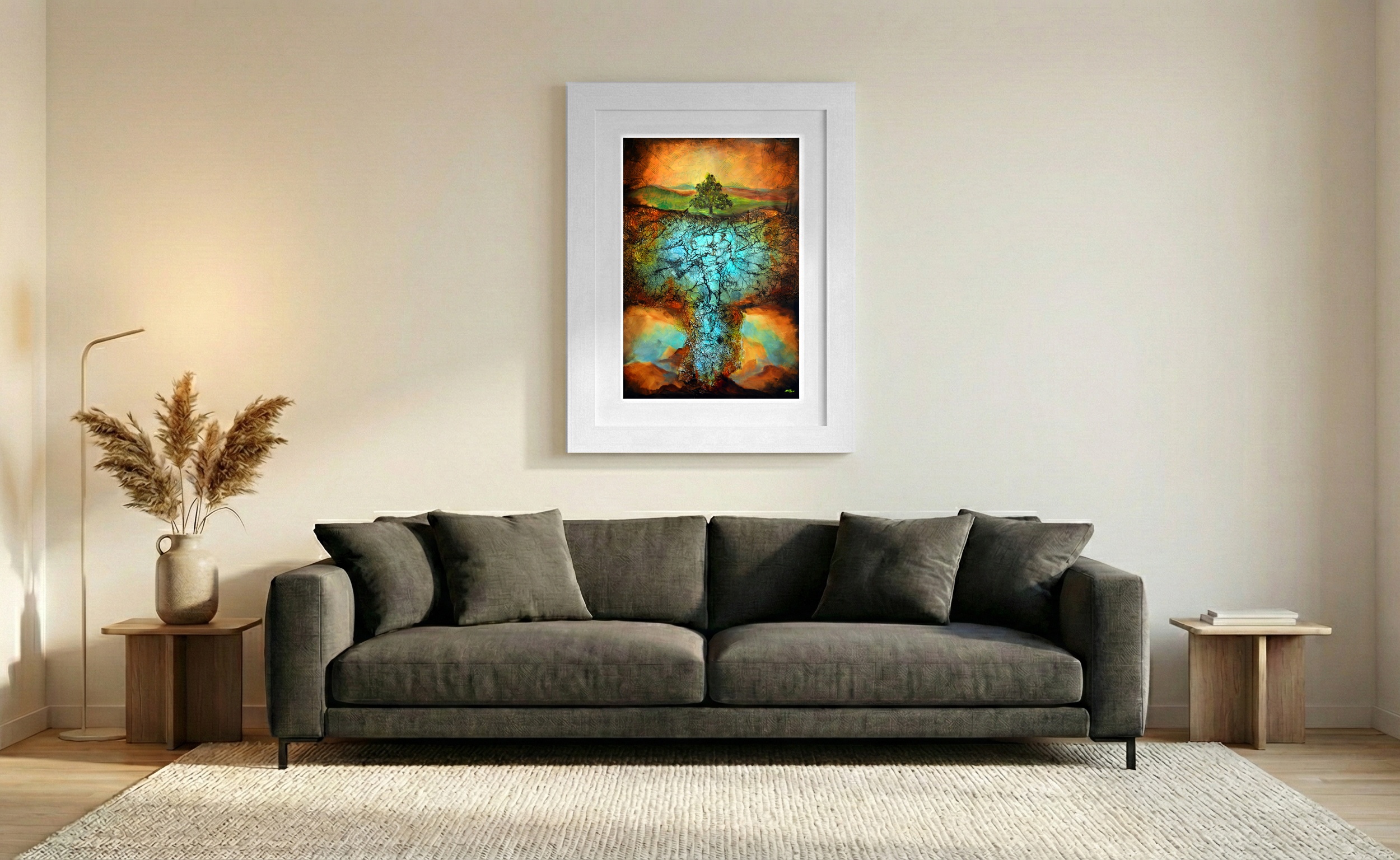 Turquoise River with Earthy Tree Forms — art on the wall, room interior preview 1