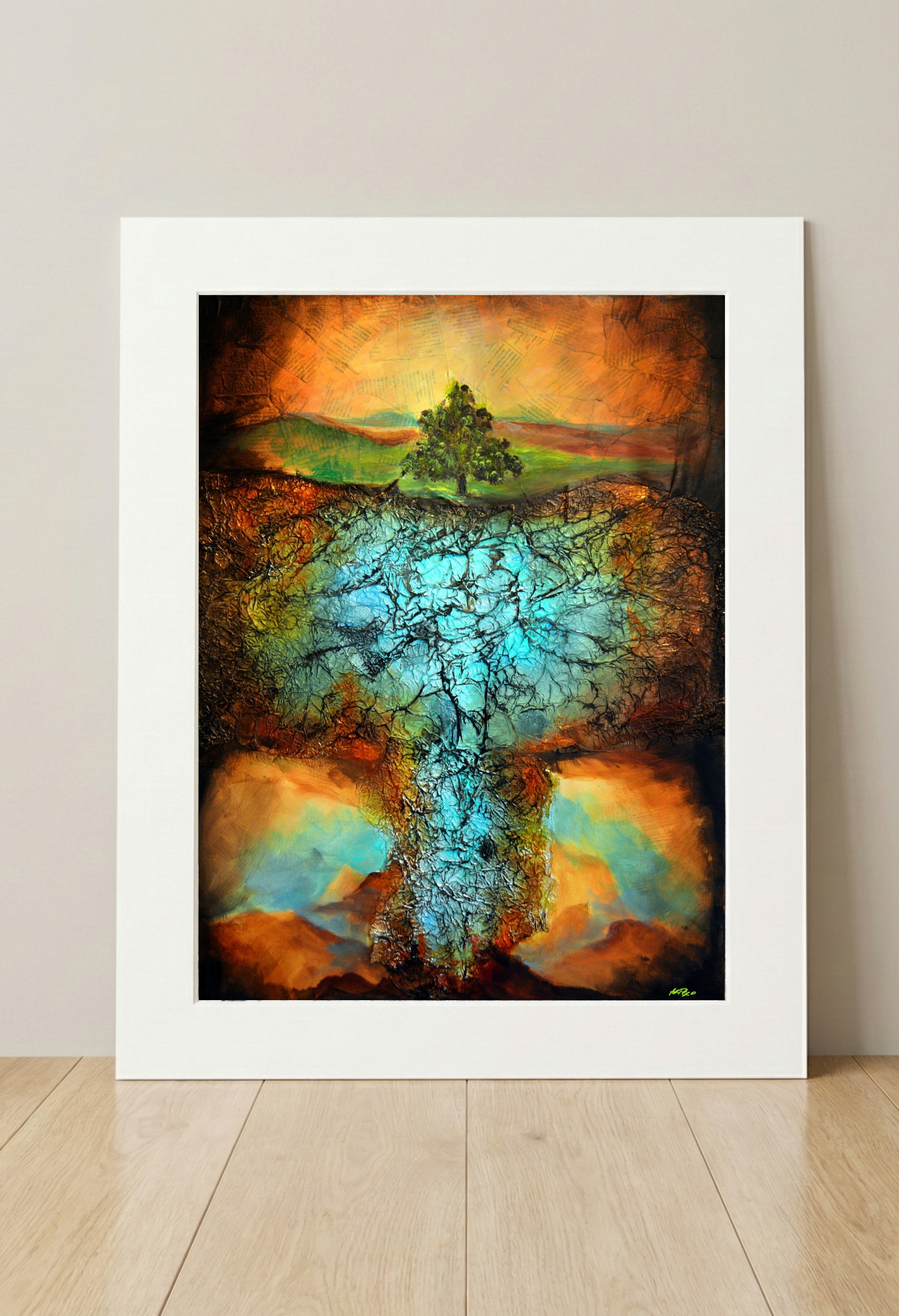 Turquoise River with Earthy Tree Forms — art on the wall, room interior preview 3