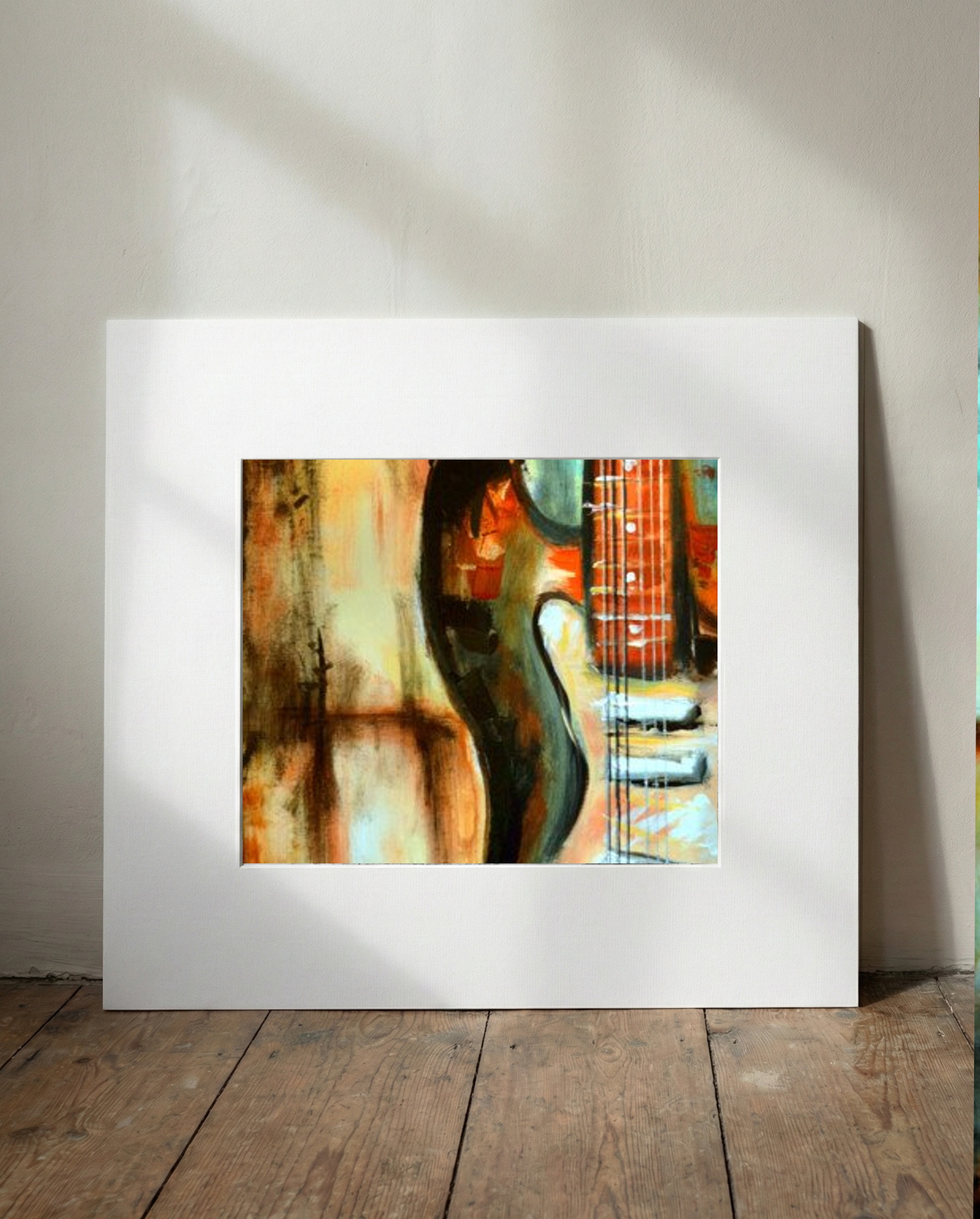 Burnt Orange Guitar with Blue Chaos — art on the wall, room interior preview 1