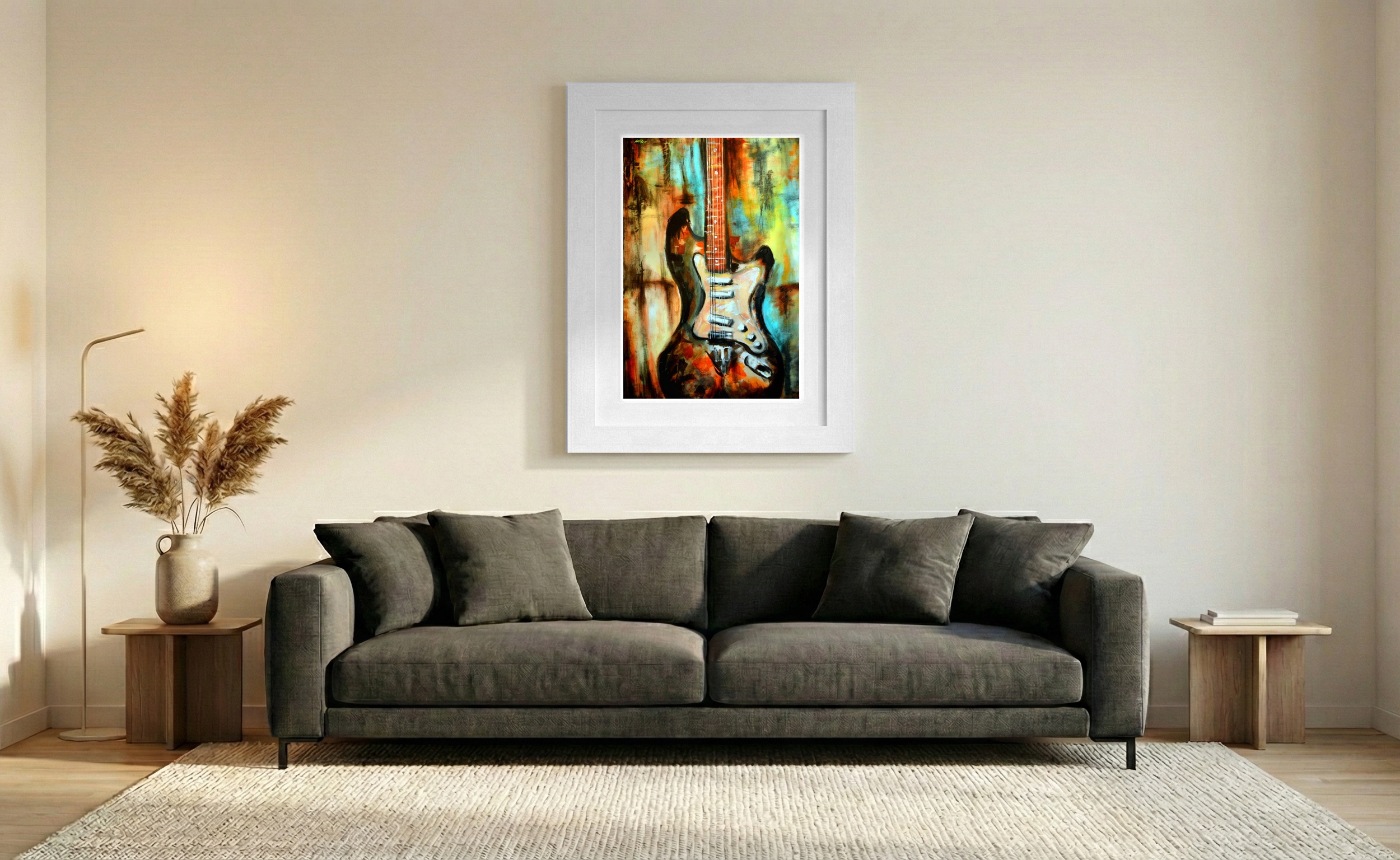 Burnt Orange Guitar with Blue Chaos — art on the wall, room interior preview 2