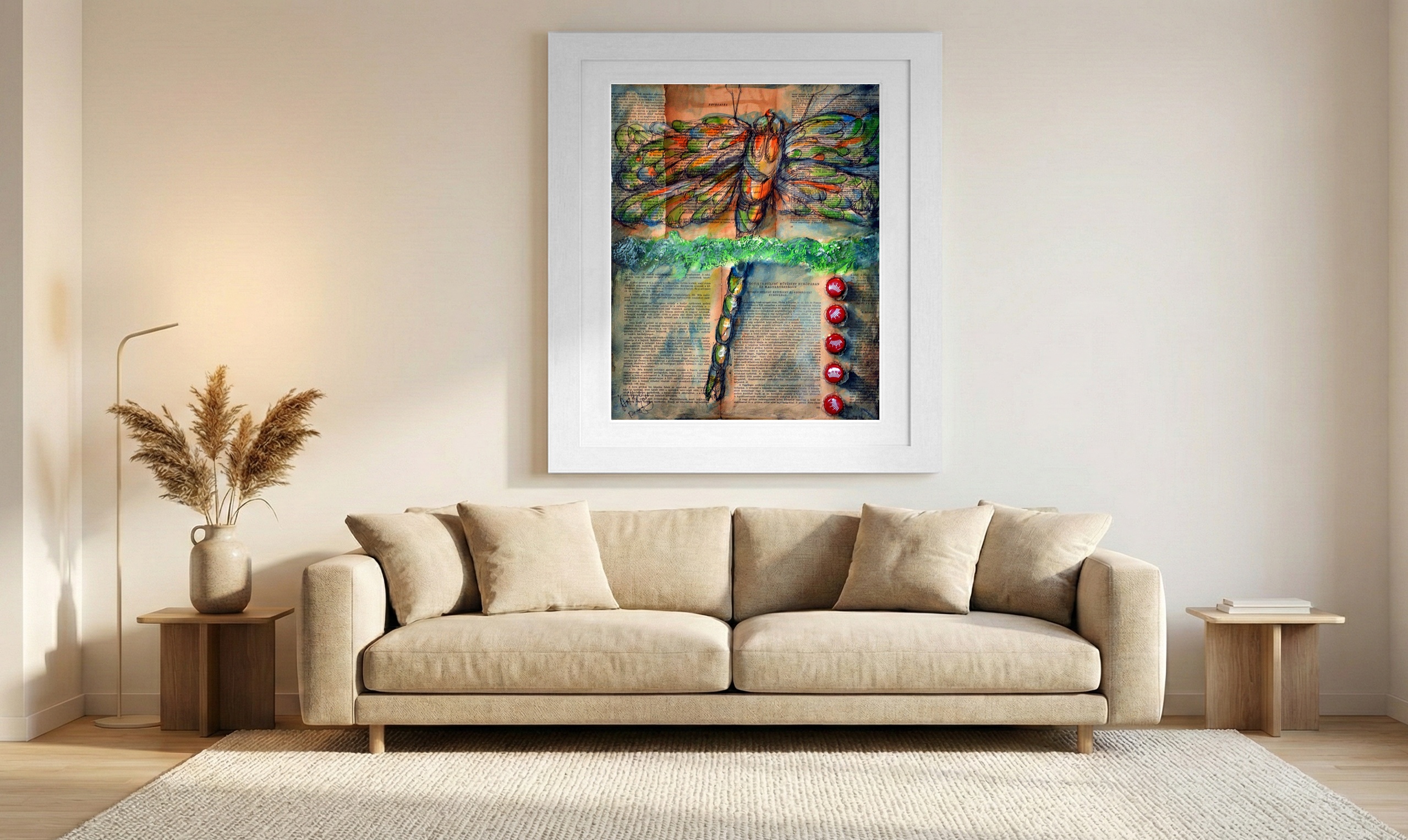 Emerald Green Dragonfly on Mixed Media — art on the wall, room interior preview 1