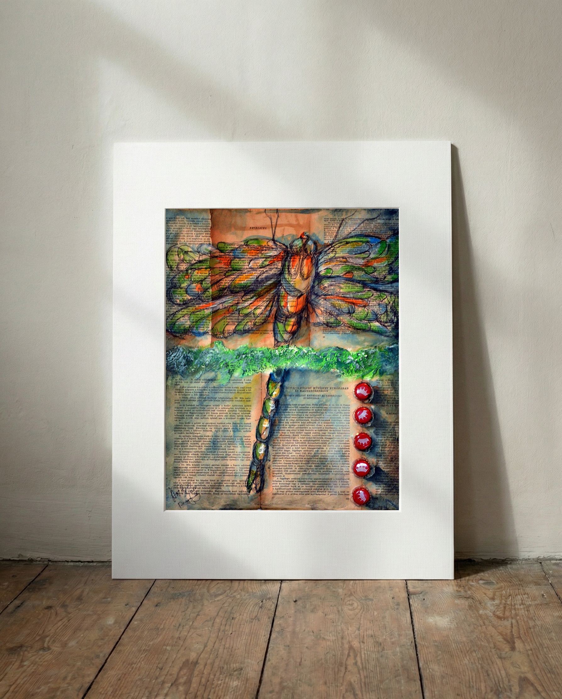 Emerald Green Dragonfly on Mixed Media — art on the wall, room interior preview 3