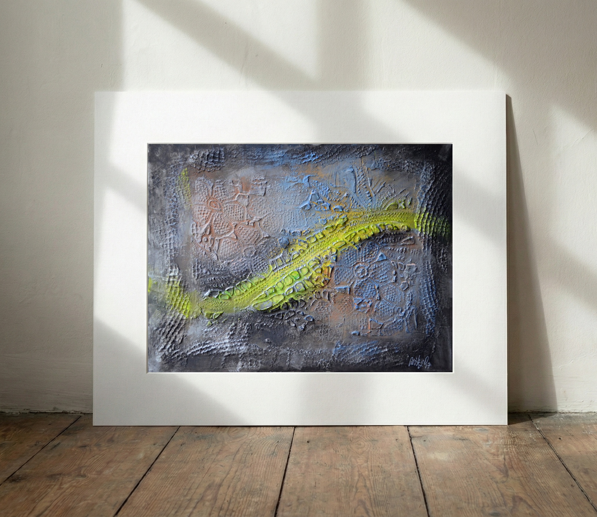 Lime Green Abstract with Textured Layers — art on the wall, room interior preview 3