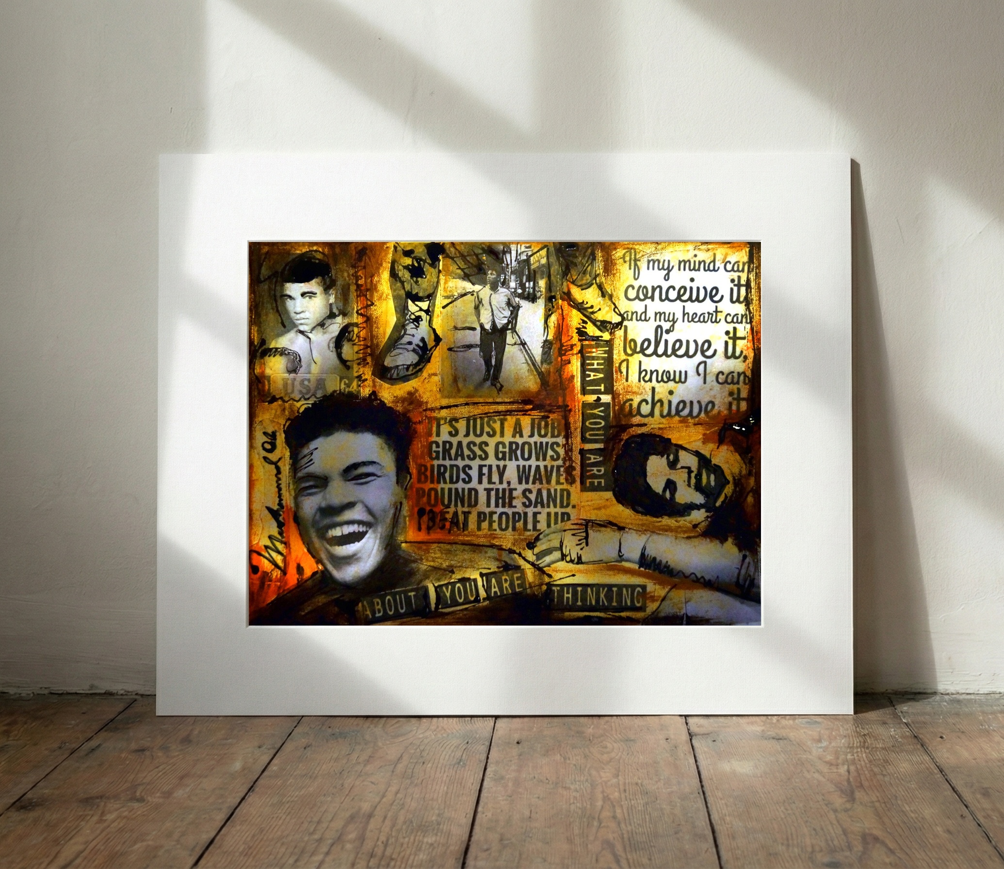 Dynamic Golden and Black Collage — art on the wall, room interior preview 3