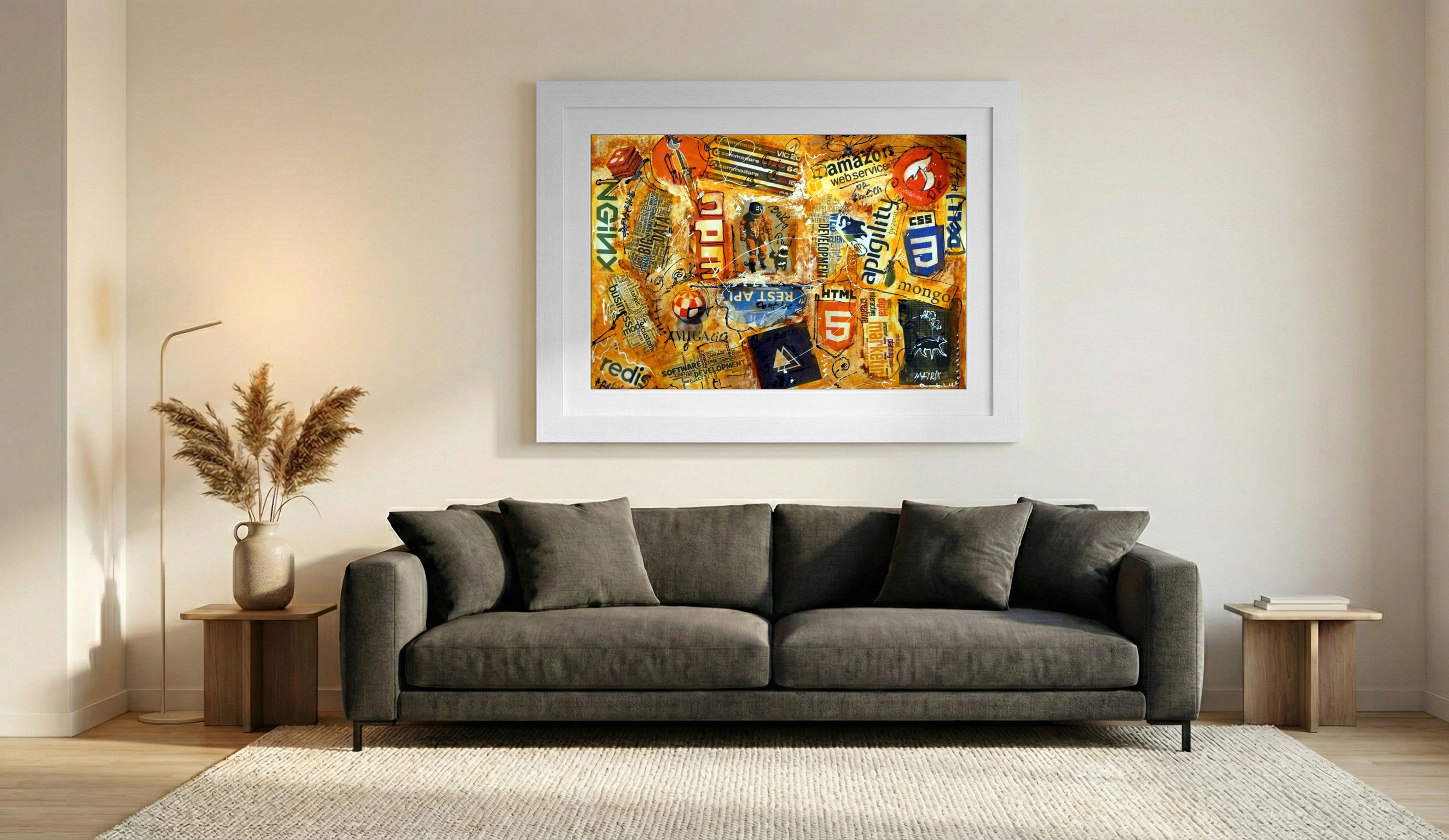 Burnt Sienna Collage of Urban Life — art on the wall, room interior preview 1
