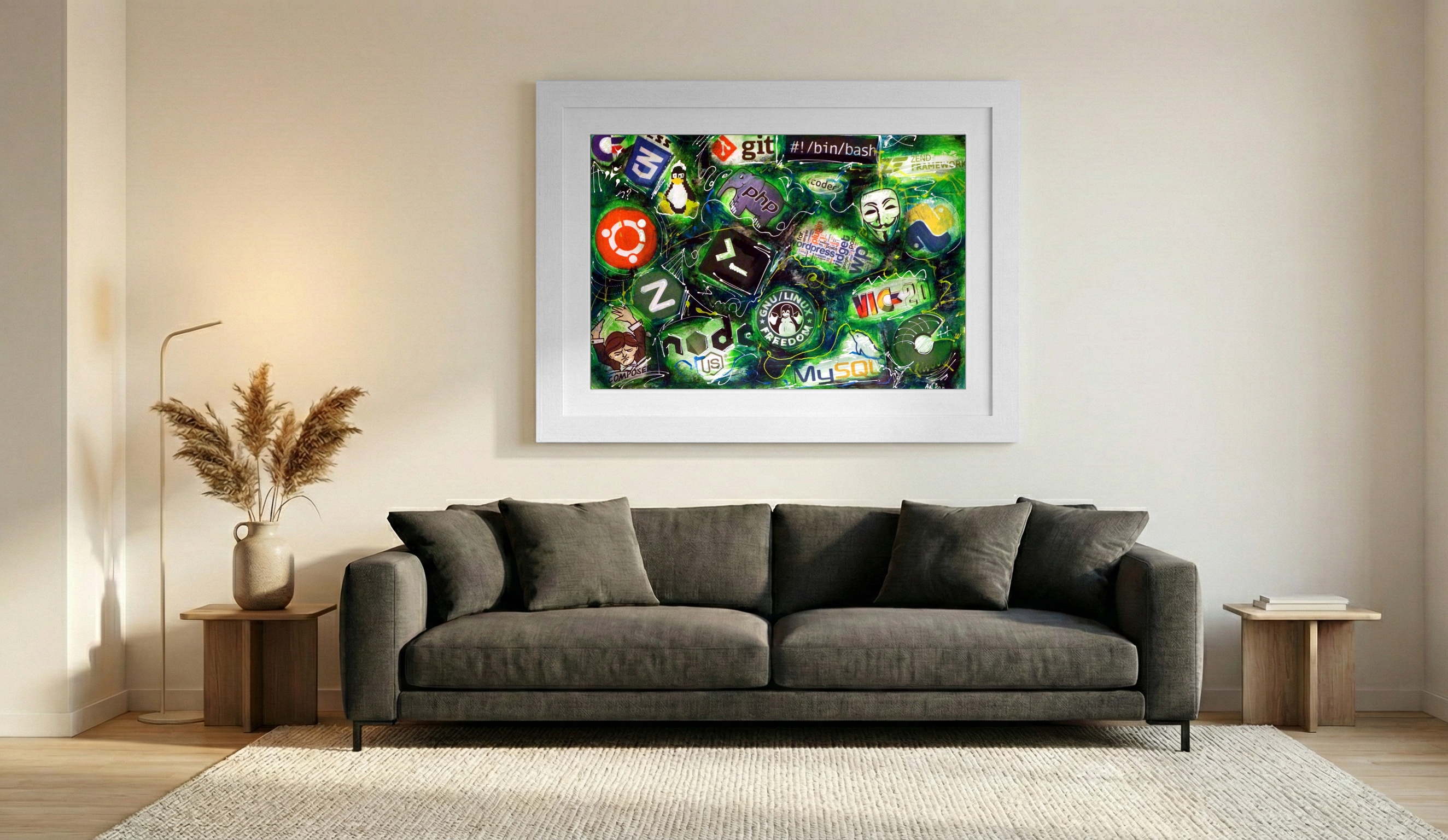 Green Coding Icons Collage — art on the wall, room interior preview 1
