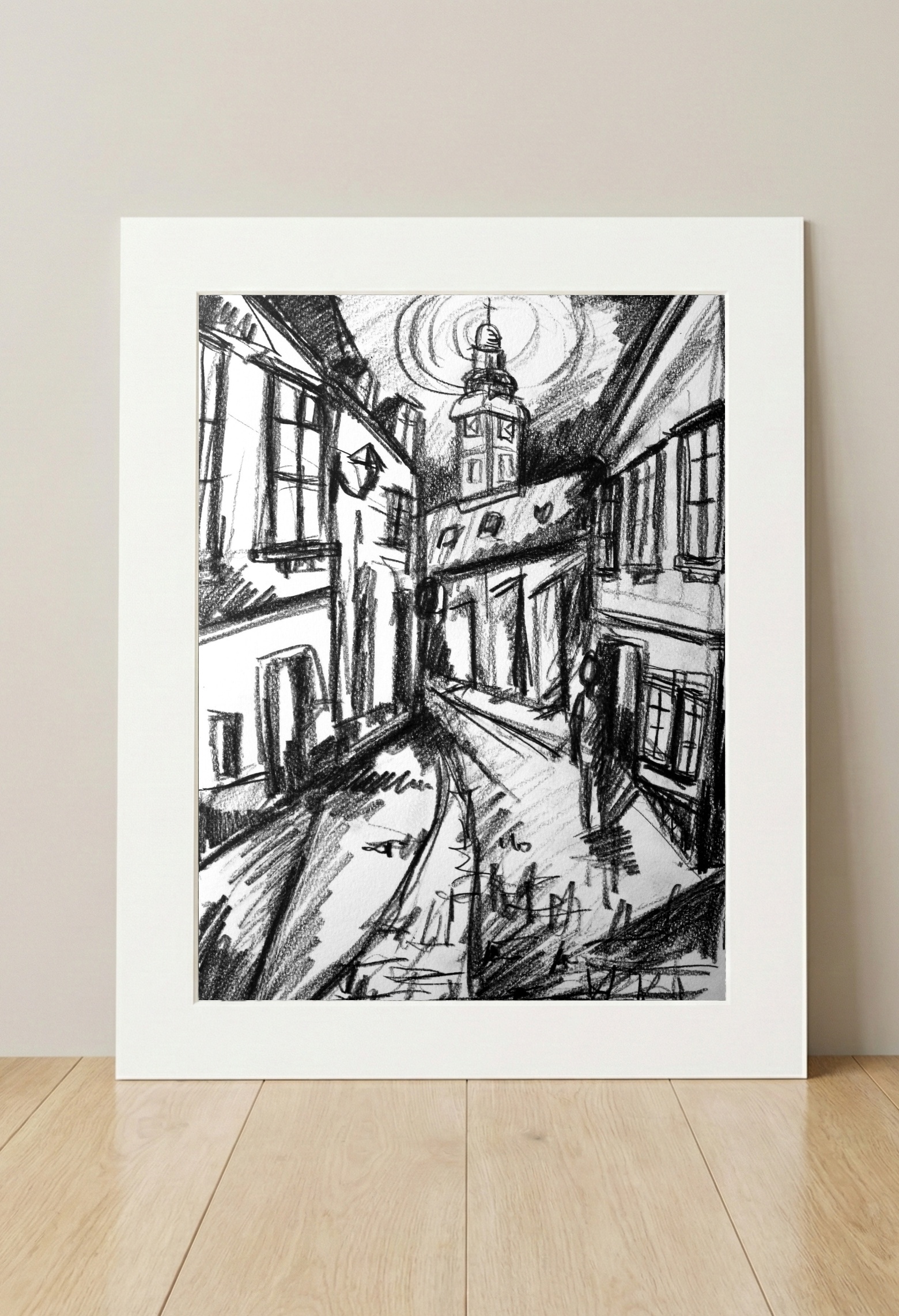 Gyor Old Town in Charcoal — art on the wall, room interior preview 3