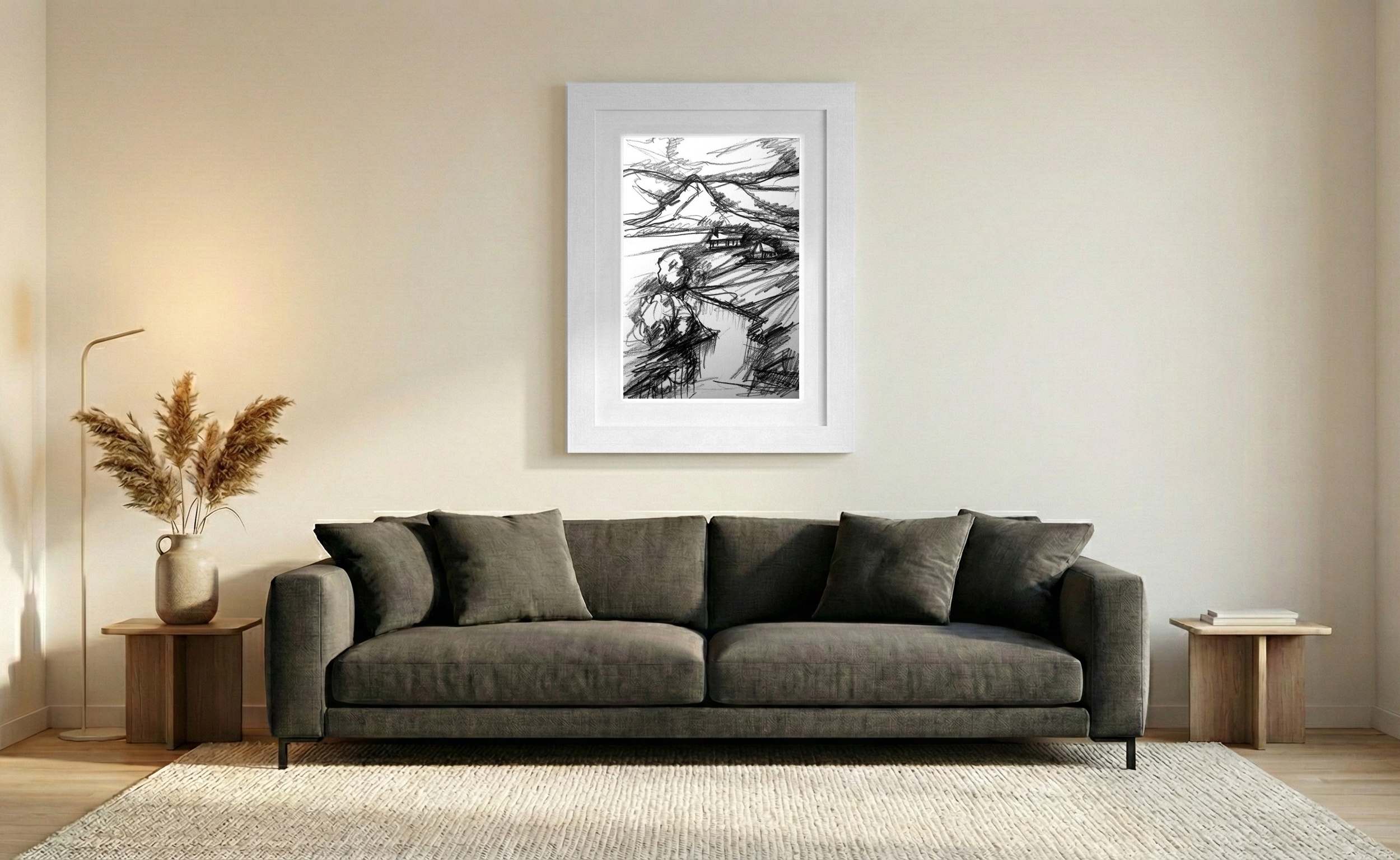 Charcoal Hillscape Drawing from Mayo — art on the wall, room interior preview 2