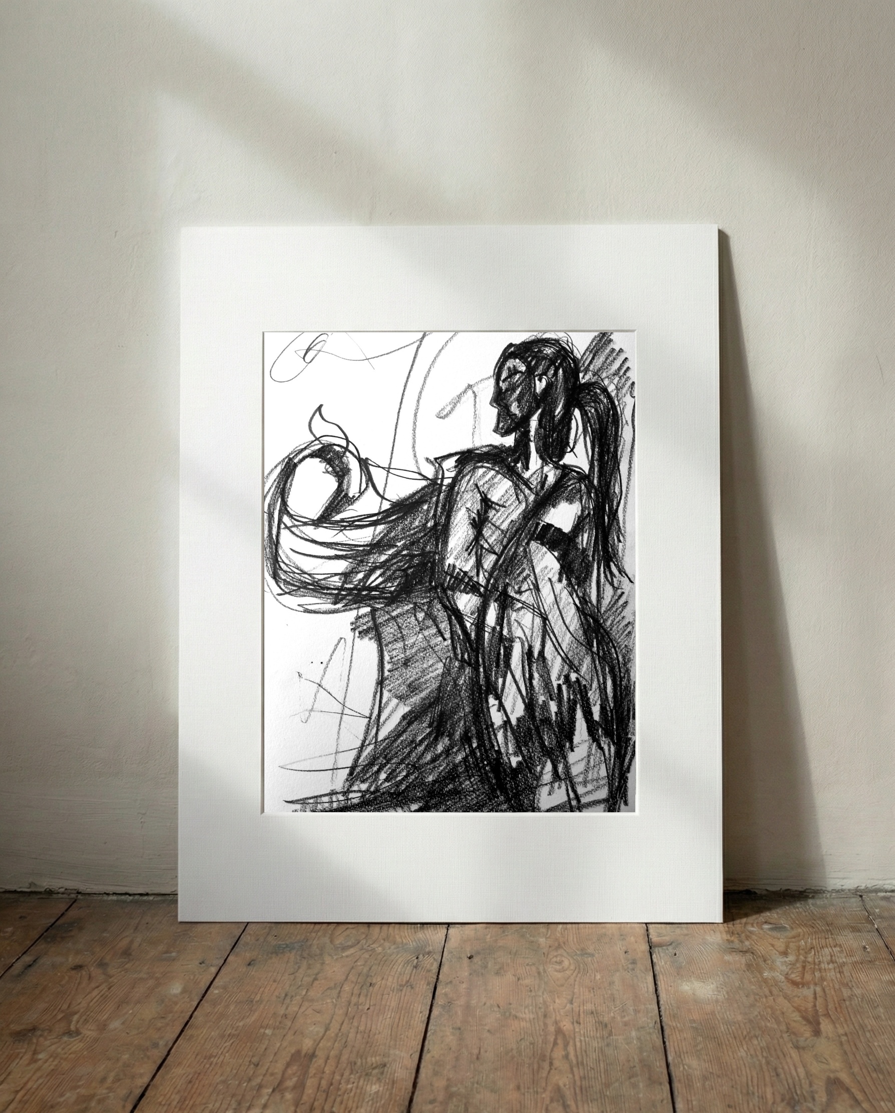Dynamic Charcoal Portrait of a Woman — art on the wall, room interior preview 2