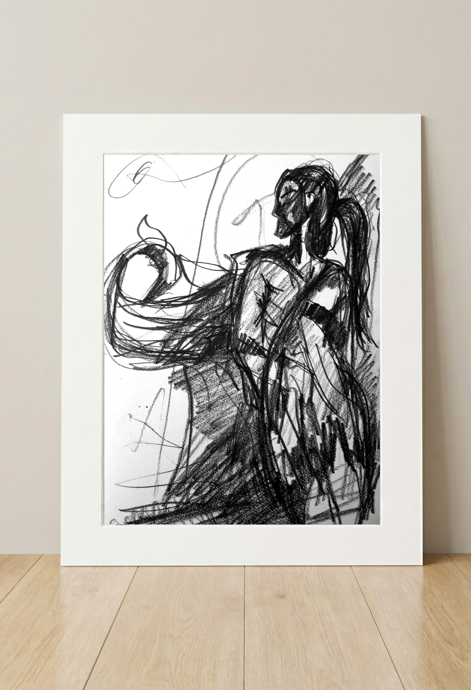 Dynamic Charcoal Portrait of a Woman — art on the wall, room interior preview 3